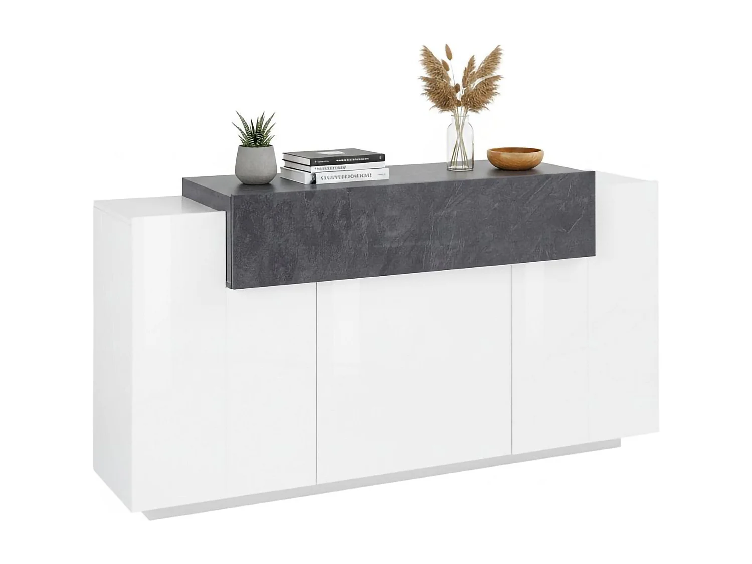 Buffet Sirio, Buffet de cuisine 3 portes, Buffet de salon, 100% Made in Italy, 160x45h86 cm, Blanc brillant et ardoise