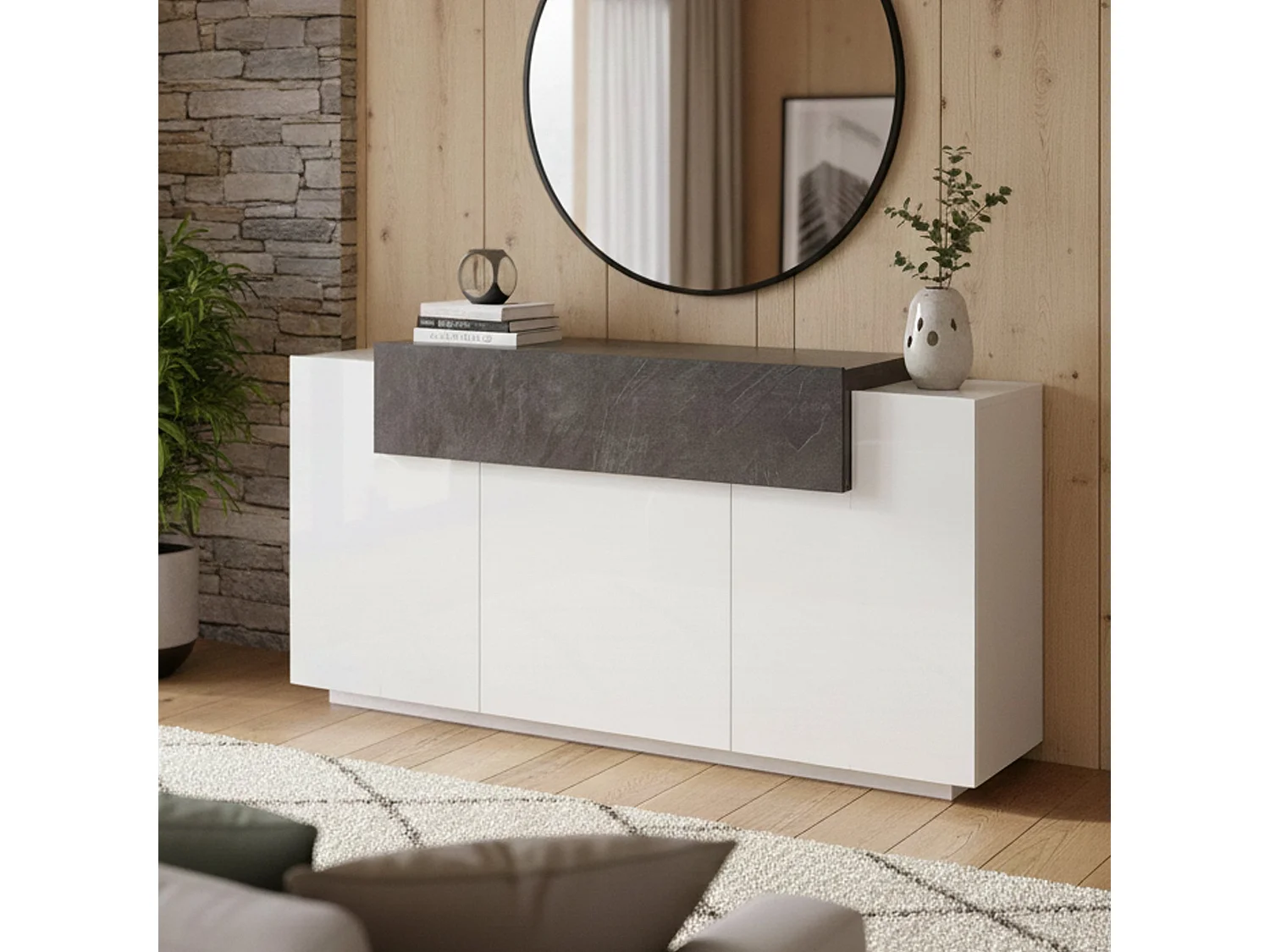Buffet Sirio, Buffet de cuisine 3 portes, Buffet de salon, 100% Made in Italy, 160x45h86 cm, Blanc brillant et ardoise