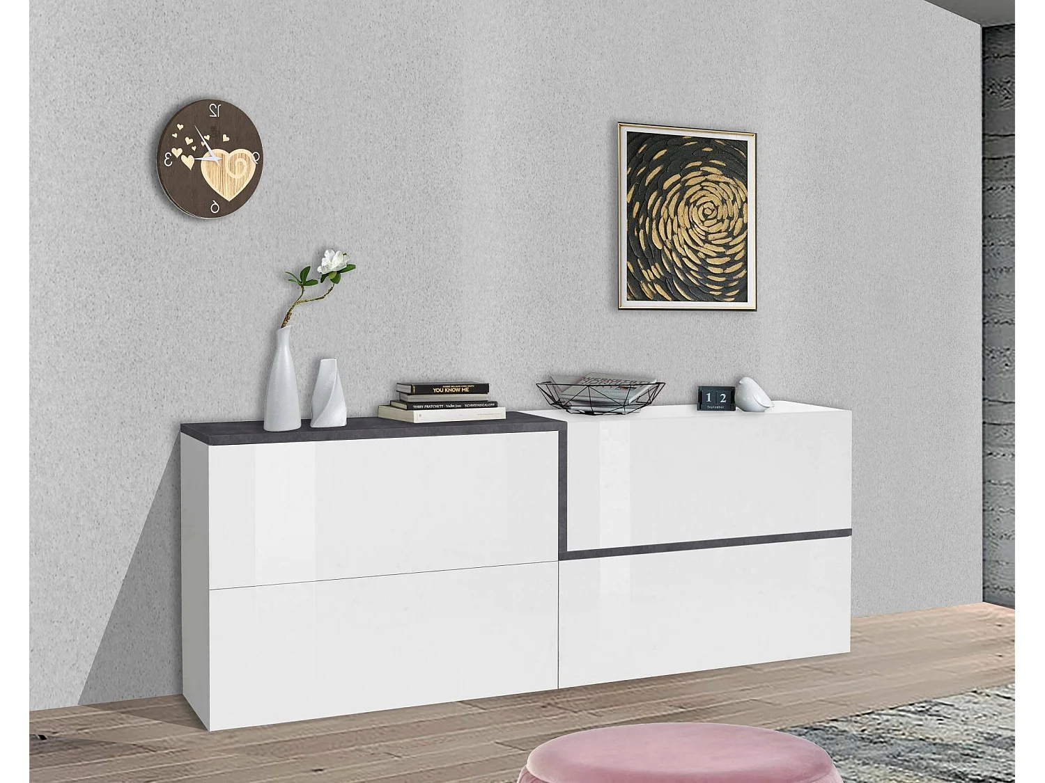 Buffet Livio, Buffet de cuisine, Buffet de salon, 100% Made in Italy, 210x40h80 cm, Blanc brillant et ardoise