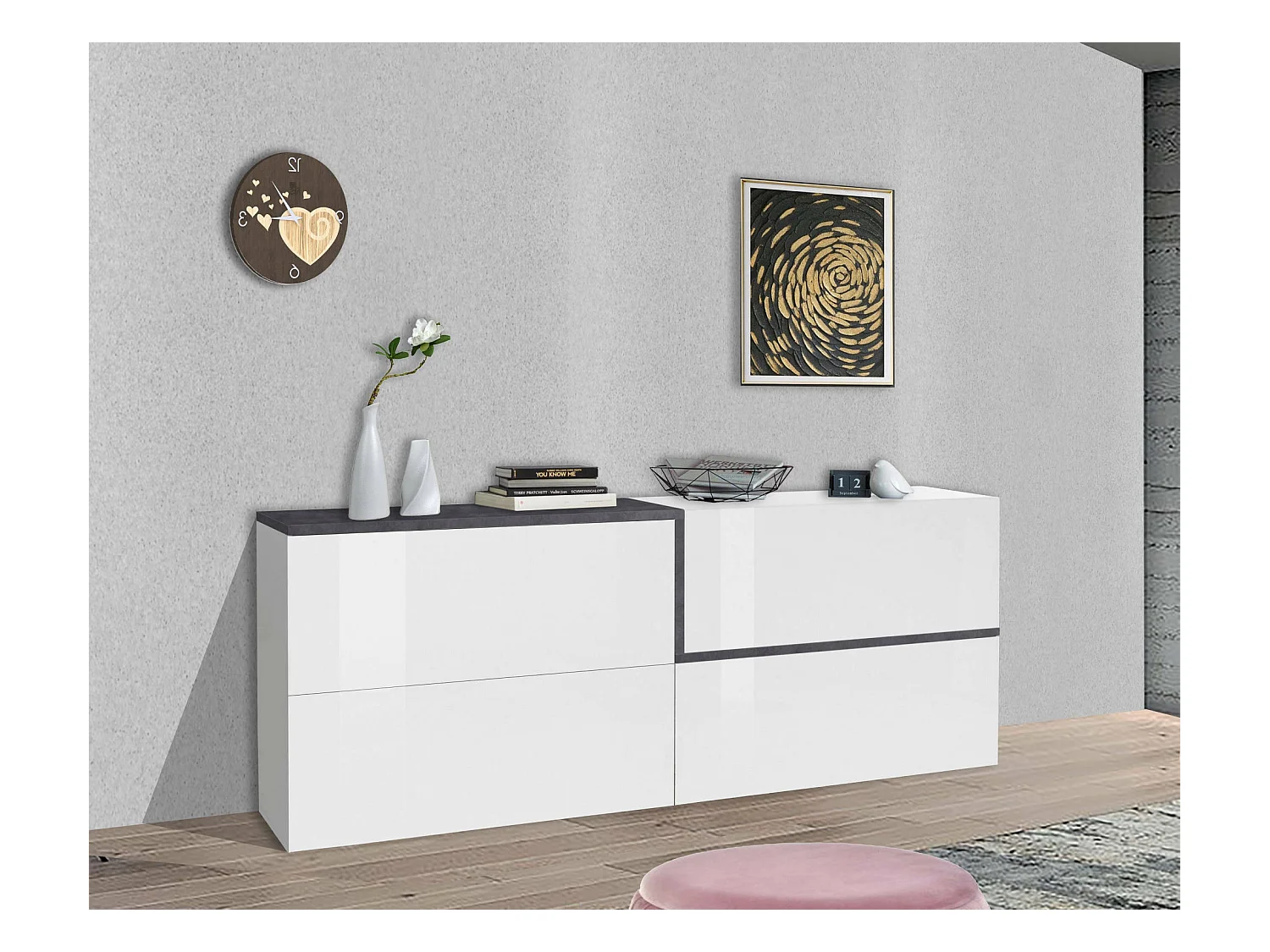 Buffet Livio, Buffet de cuisine, Buffet de salon, 100% Made in Italy, 210x40h80 cm, Blanc brillant et ardoise
