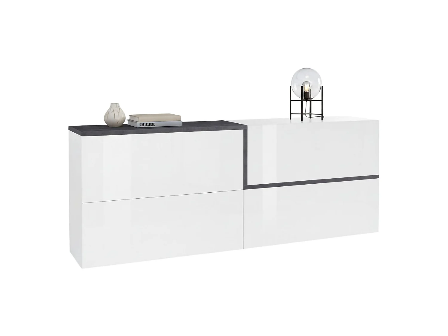 Buffet Livio, Buffet de cuisine, Buffet de salon, 100% Made in Italy, 210x40h80 cm, Blanc brillant et ardoise