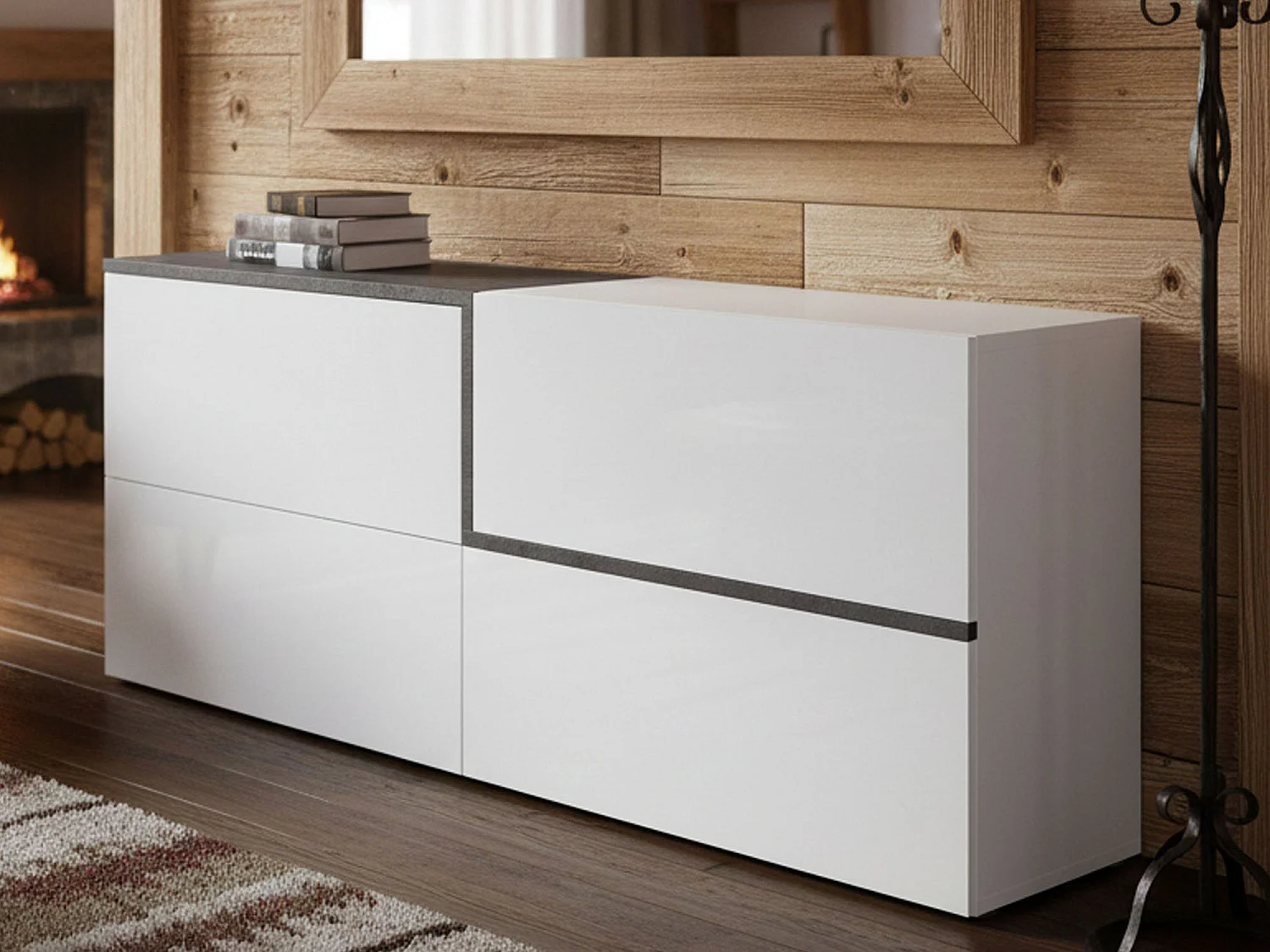 Buffet Livio, Buffet de cuisine, Buffet de salon, 100% Made in Italy, 210x40h80 cm, Blanc brillant et ardoise
