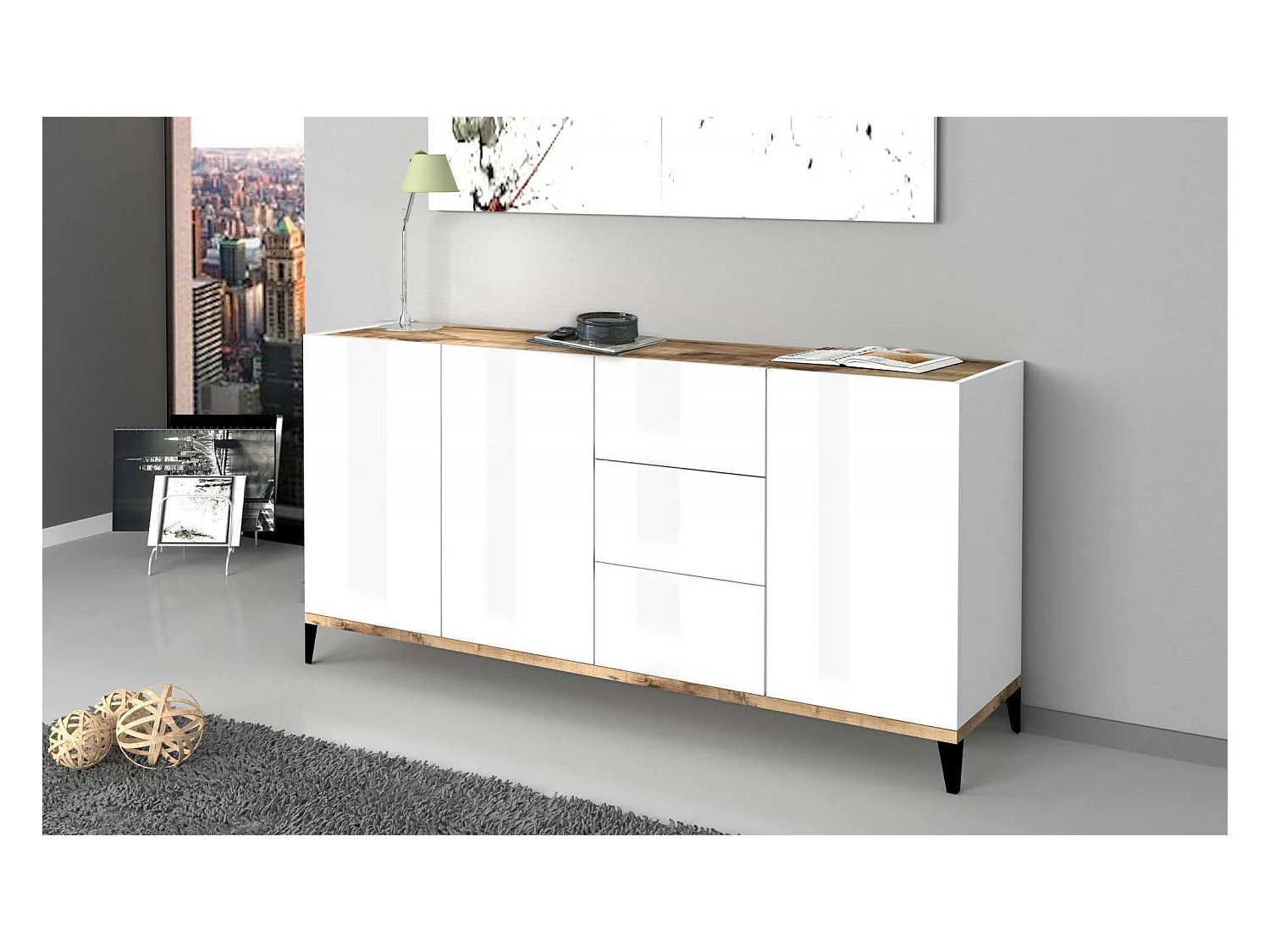 Credenza Paolo, Madia da cucina 3 ante e 3 cassetti, Buffet da soggiorno, 100% Made in Italy, cm 160x40h82, Bianco lucido e Acero
