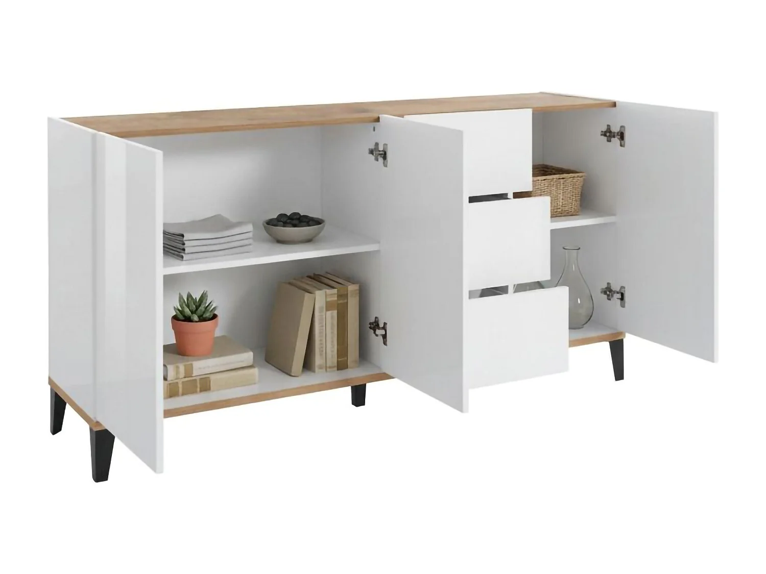 Dmora Dressoir Paolo 40x160x82h cm Wit Hoogglans 2 Planken, 3 Laden, Dressoir 4 Vakken Made in Italy