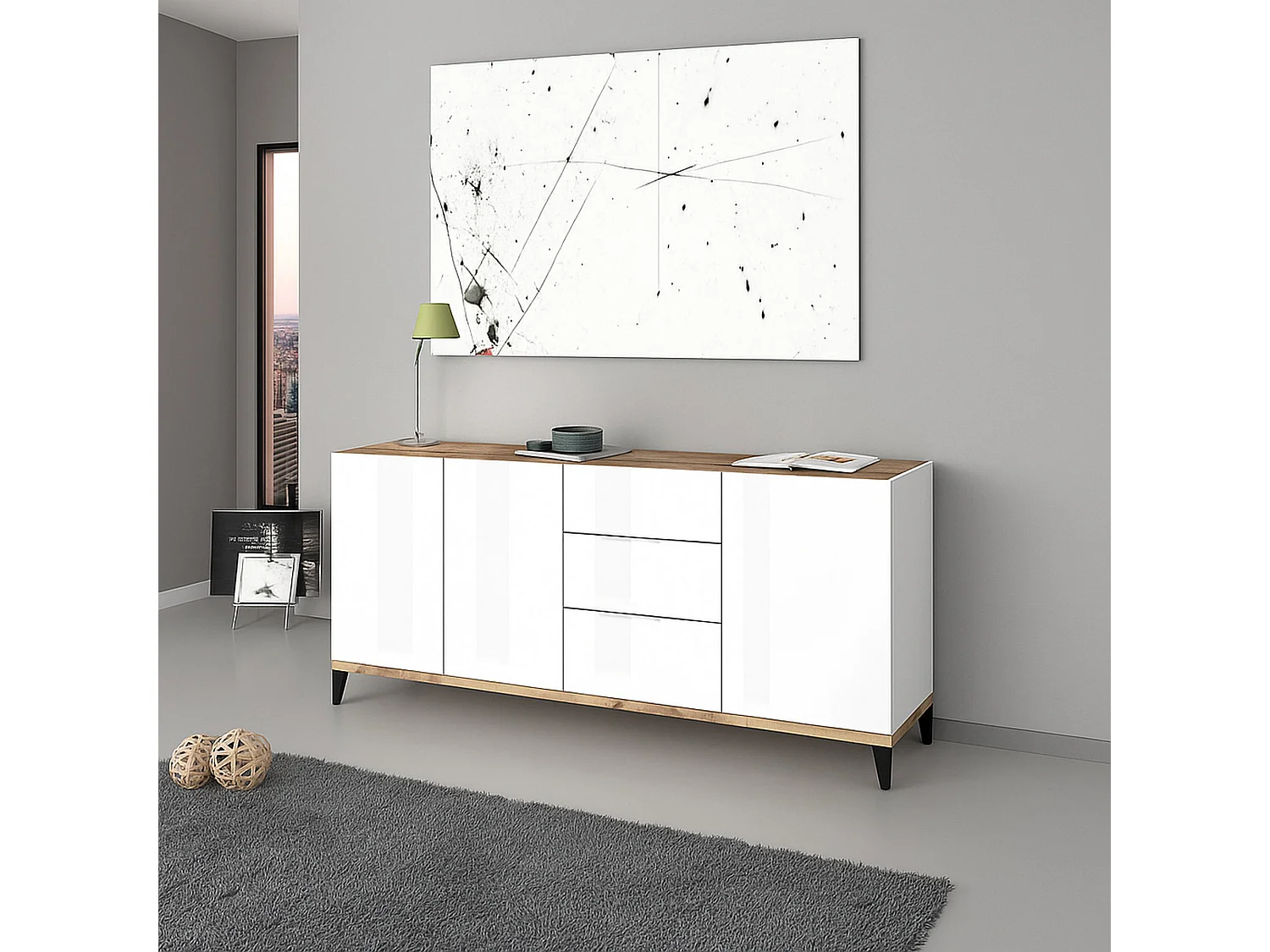 Dmora Dressoir Paolo 40x160x82h cm Wit Hoogglans 2 Planken, 3 Laden, Dressoir 4 Vakken Made in Italy