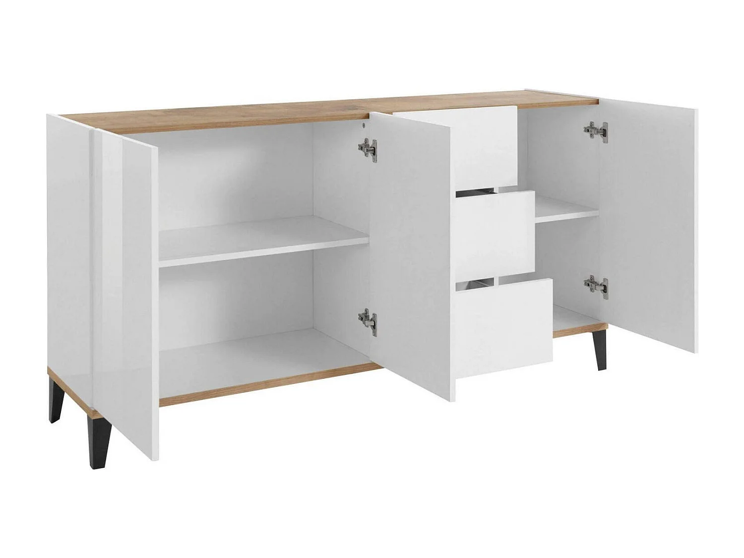 Dmora Dressoir Paolo 40x160x82h cm Wit Hoogglans 2 Planken, 3 Laden, Dressoir 4 Vakken Made in Italy