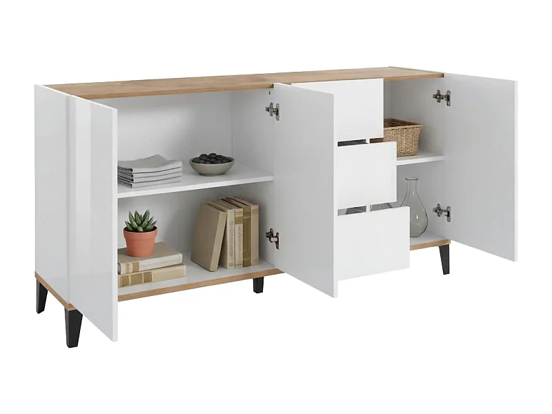 Dmora Dressoir Paolo 40x160x82h cm Wit Hoogglans 2 Planken, 3 Laden, Dressoir 4 Vakken Made in Italy