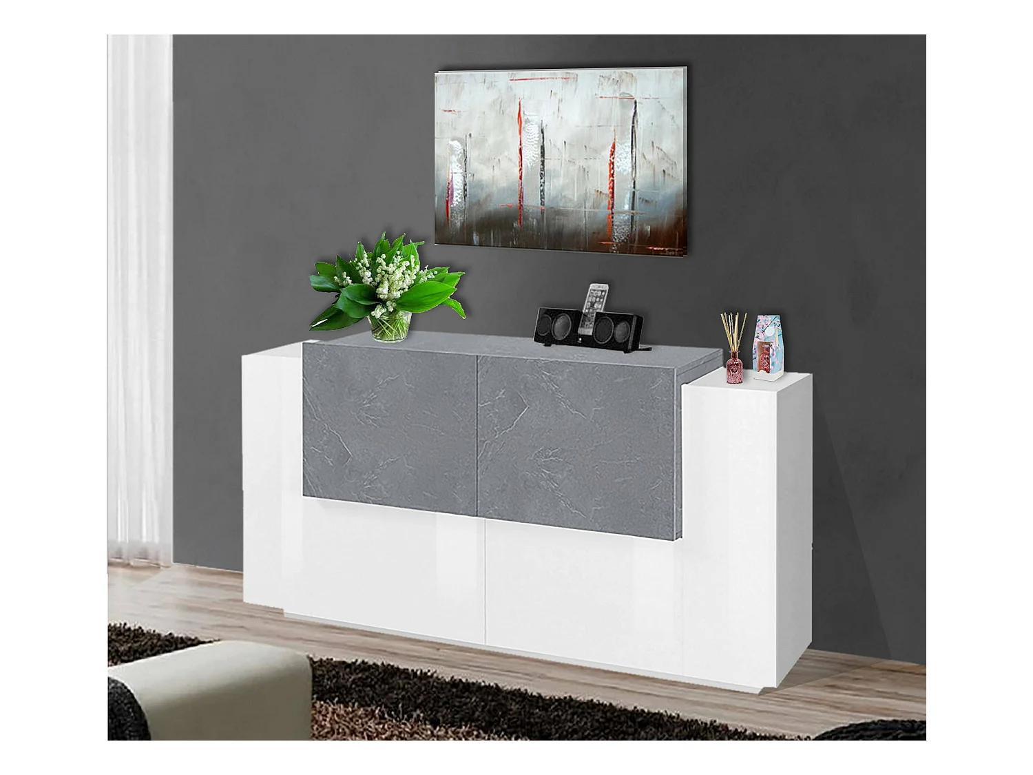 Buffet Omero, Buffet de cuisine avec 4 portes, Buffet de salon, 100% Made in Italy, 160x45h86 cm, Blanc brillant et ciment