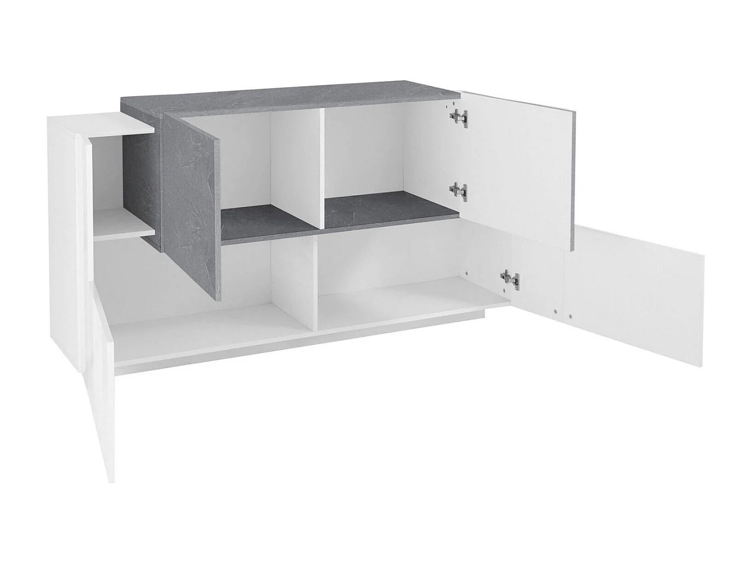 Aparador Omero, Aparador de cozinha com 4 portas, Buffet de sala, 100% Fabricado em Itália, 160x45h86 cm, Branco brilhante e cimento