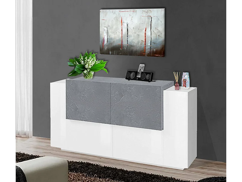 Kommode Omero, Küchen-Sideboard mit 4 Türen, Wohnzimmer-Buffet, 100 % Made in Italy, 160 x 45 x 86 cm, glänzendes Weiß und Zement,