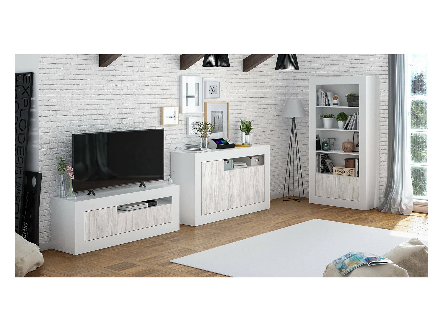 Buffet Thornton, Armoire de salon, Buffet de salon avec compartiments, Meuble TV, Buffet moderne avec 3 portes, 144x42h87 cm, Blanc
