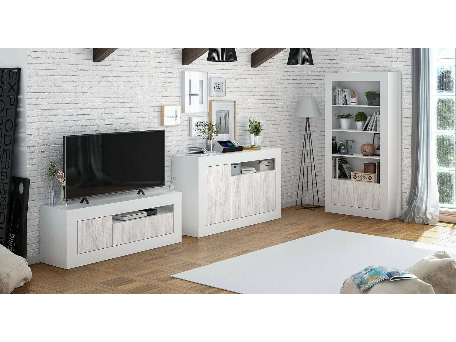 Buffet Thornton, Armoire de salon, Buffet de salon avec compartiments, Meuble TV, Buffet moderne avec 3 portes, 144x42h87 cm, Blanc