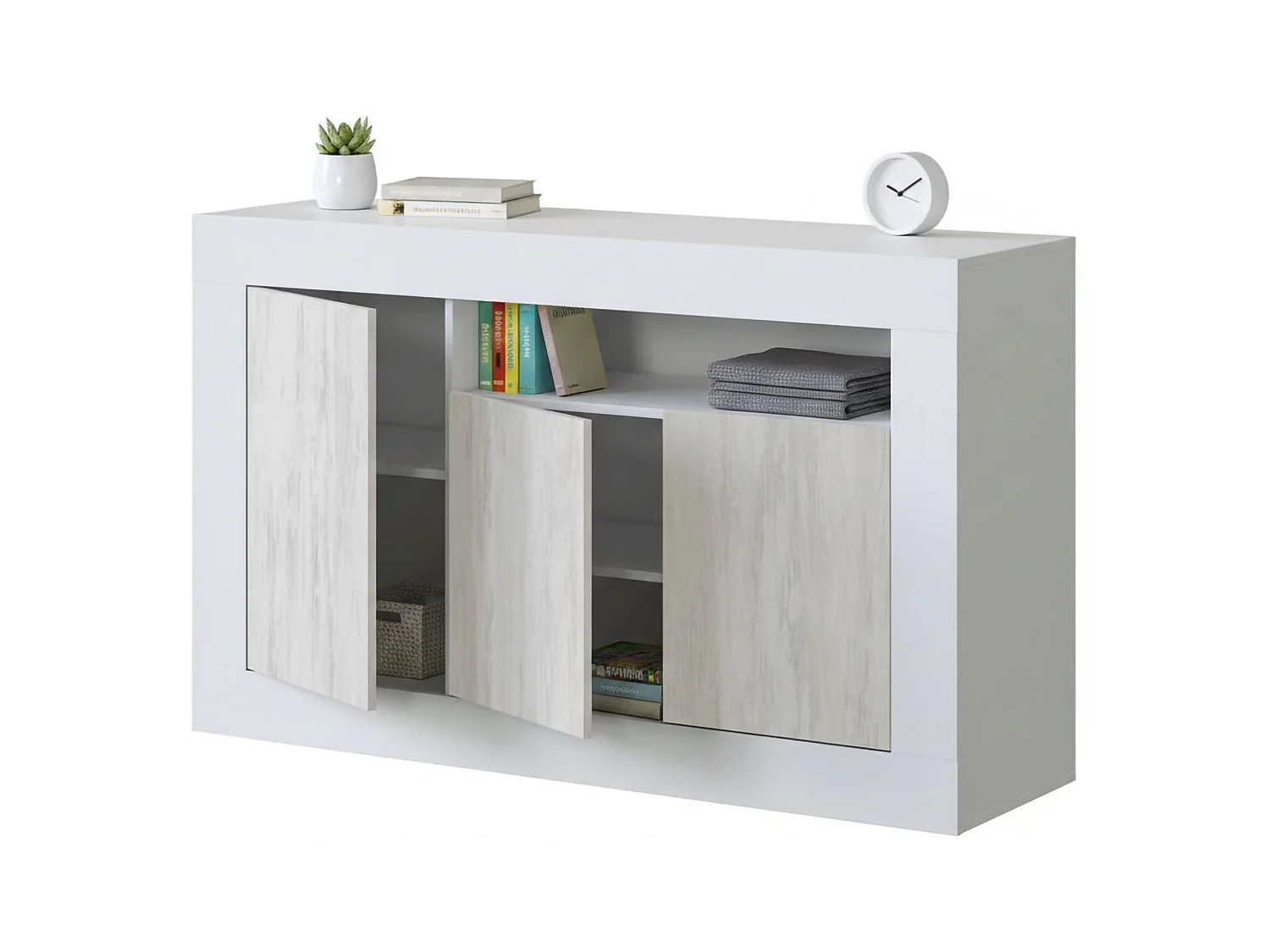 Buffet Thornton, Armoire de salon, Buffet de salon avec compartiments, Meuble TV, Buffet moderne avec 3 portes, 144x42h87 cm, Blanc