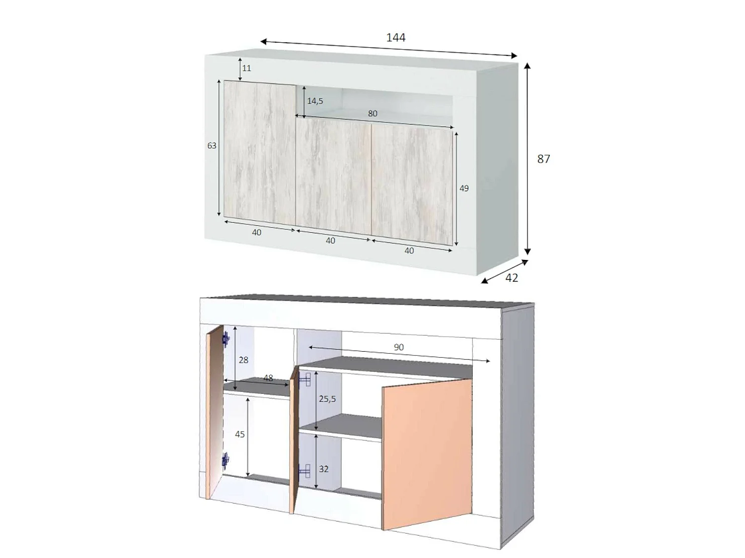 Buffet Thornton, Armoire de salon, Buffet de salon avec compartiments, Meuble TV, Buffet moderne avec 3 portes, 144x42h87 cm, Blanc