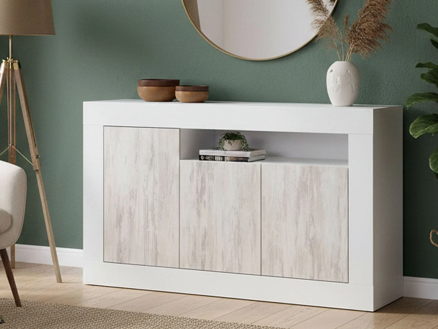 Buffet Thornton, Armoire de salon, Buffet de salon avec compartiments, Meuble TV, Buffet moderne avec 3 portes, 144x42h87 cm, Blanc