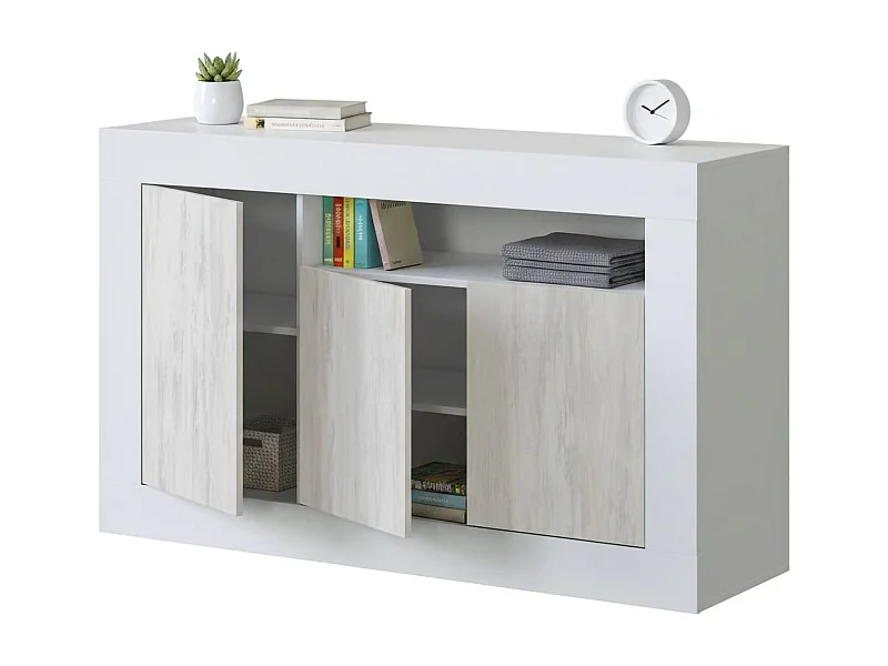 Buffet Thornton, Armoire de salon, Buffet de salon avec compartiments, Meuble TV, Buffet moderne avec 3 portes, 144x42h87 cm, Blanc