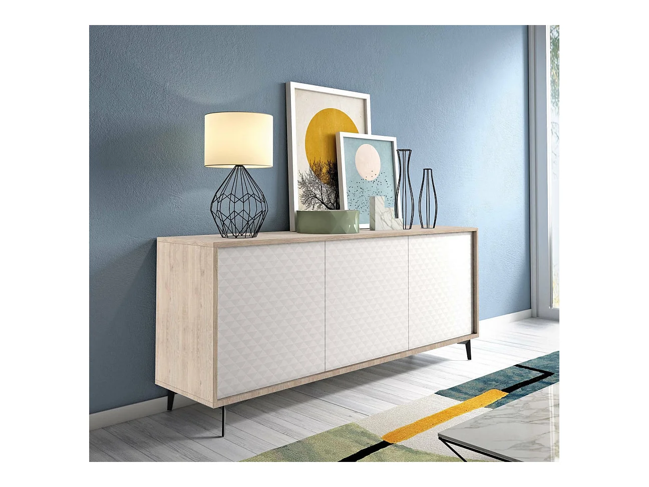 Buffet Fresia, Buffet avec 3 portes et 1 étagère réglable, Buffet de salon élégant, Meuble TV, 100% Made in Italy, 184x45h77 cm, Blanc et Chêne