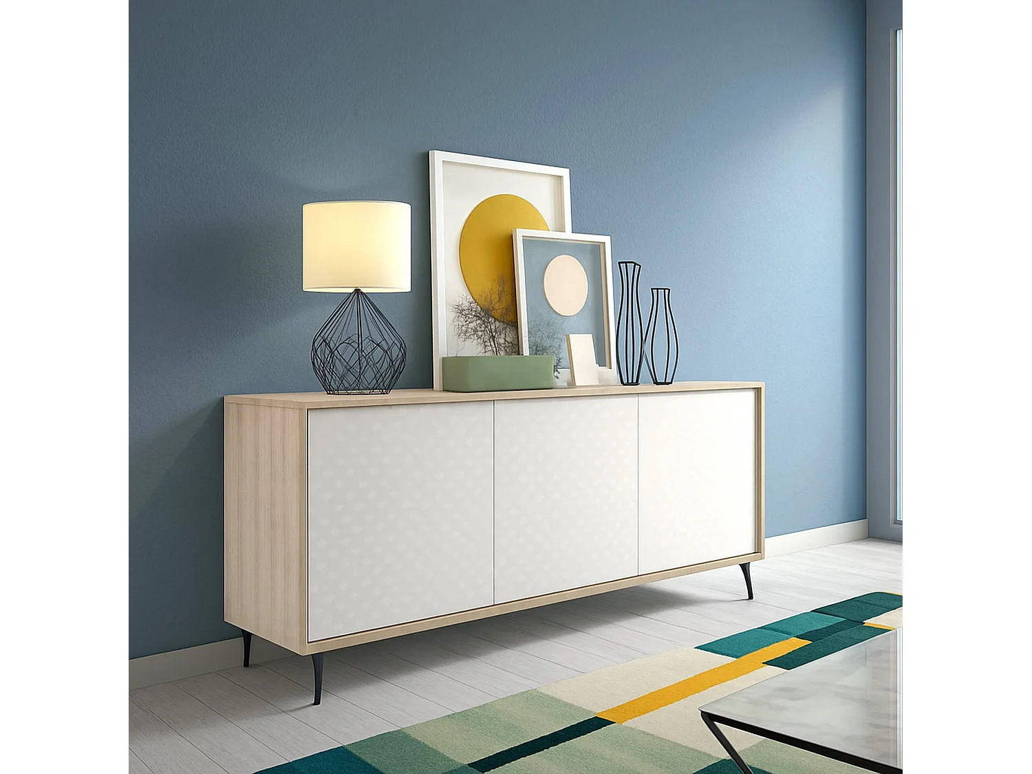 Buffet Fresia, Buffet avec 3 portes et 1 étagère réglable, Buffet de salon élégant, Meuble TV, 100% Made in Italy, 184x45h77 cm, Blanc et Chêne