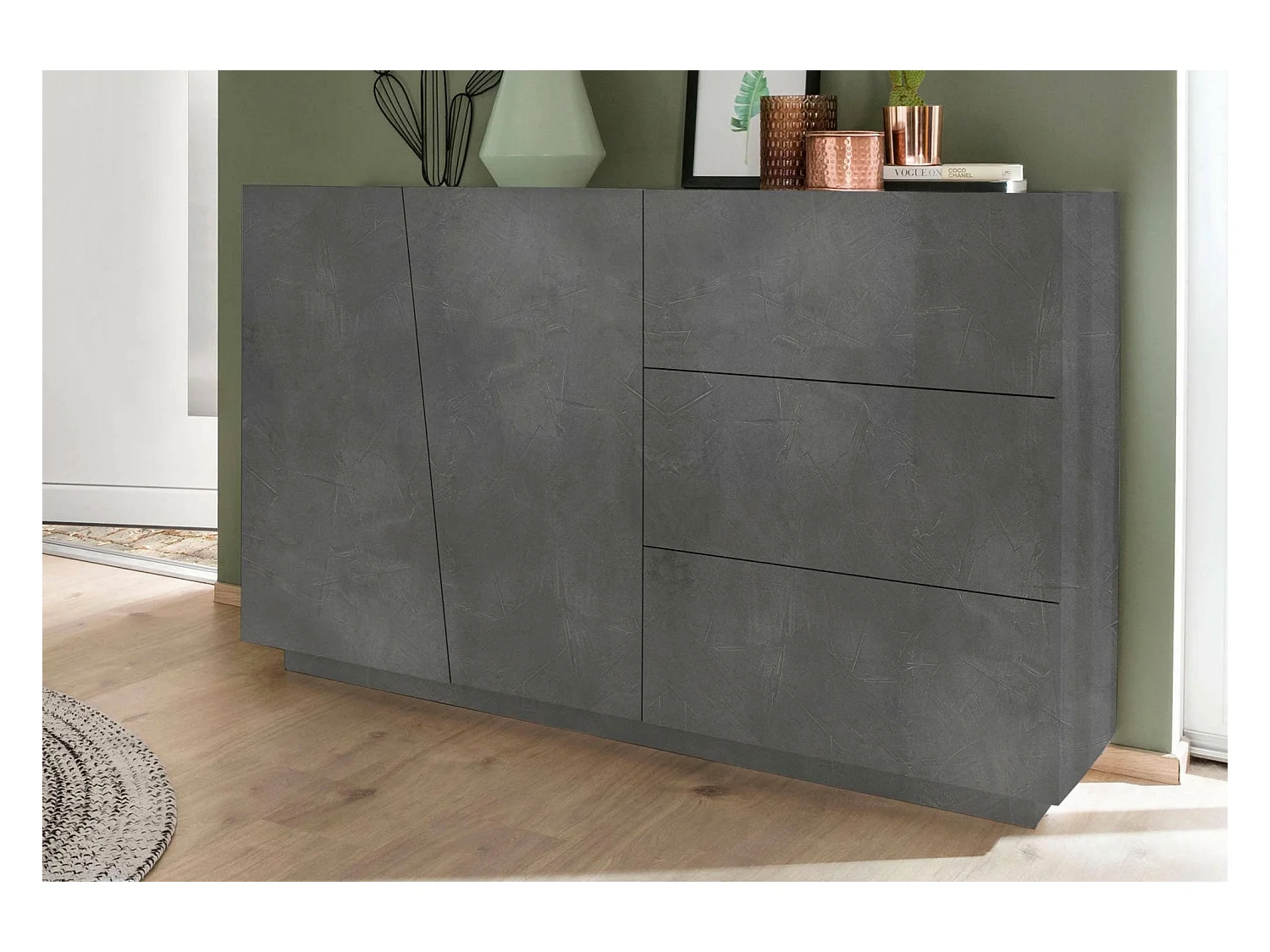 Buffet Italo, Buffet de cuisine avec 2 portes et 3 tiroirs, Buffet de salon, 100% Made in Italy, 141x43h86 cm, Ardoise