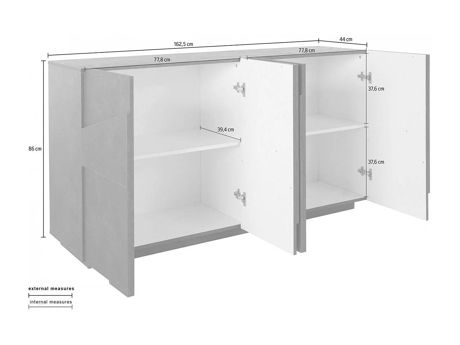 Kommode Noel, 4-türiges Küchen-Sideboard, Wohnzimmer-Buffet, 100 % Made in Italy, 162 x 44 x 86 cm, Schiefer,