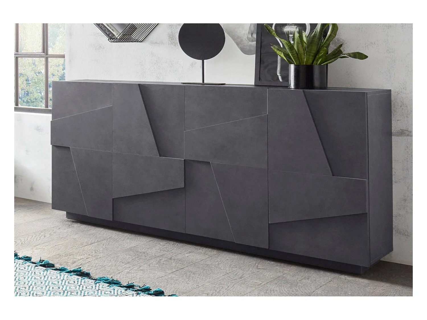 Noel dressoir, 4-deurs keukendressoir, Woonkamerbuffet, 100% Made in Italy, 162x44h86 cm, Leisteen