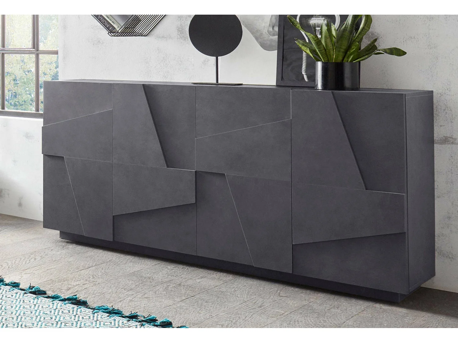 Noel dressoir, 4-deurs keukendressoir, Woonkamerbuffet, 100% Made in Italy, 162x44h86 cm, Leisteen