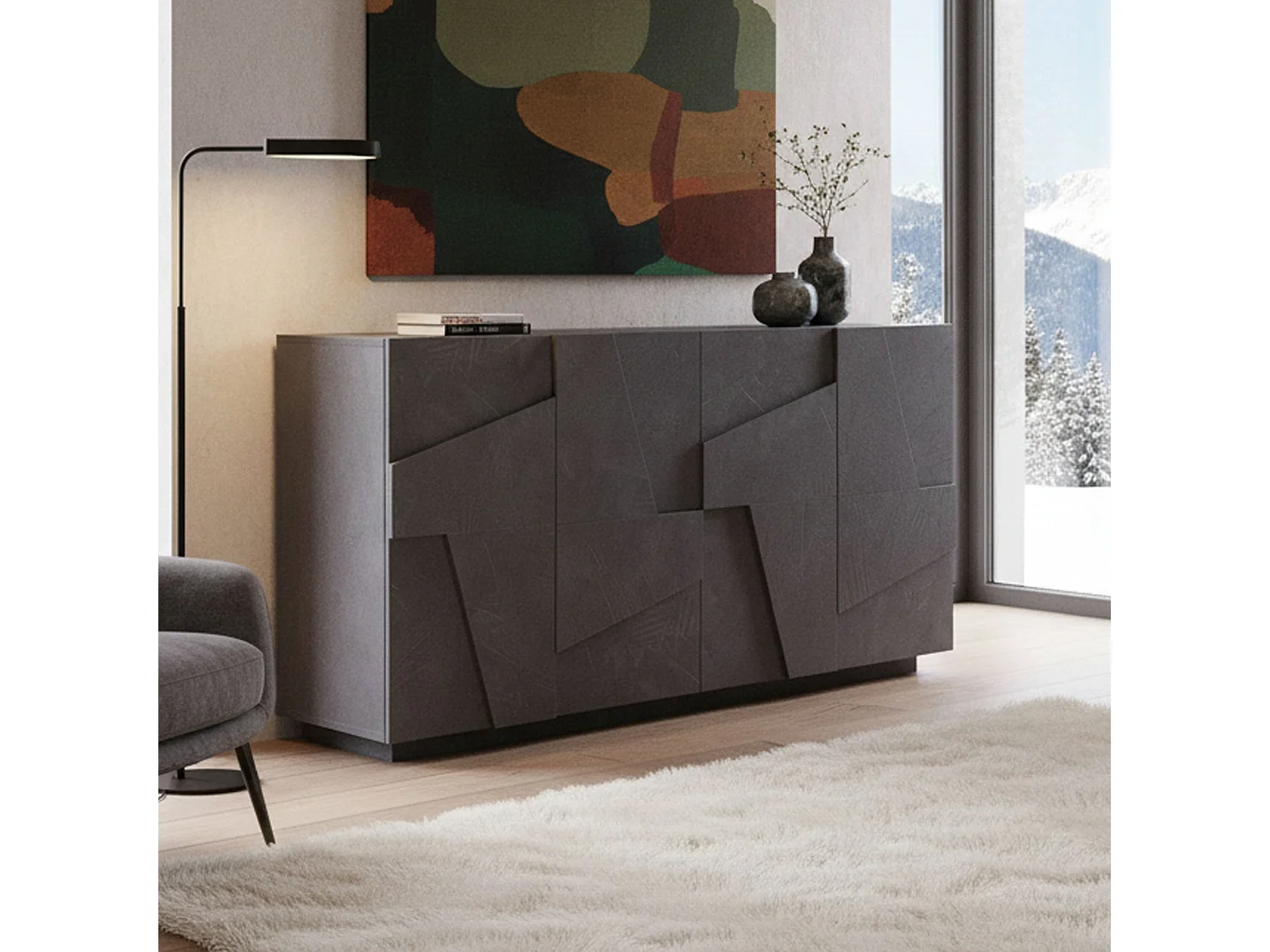 Credenza Noel, Madia da cucina a 4 ante, Buffet da soggiorno, 100% Made in Italy, cm 162x44h86, Ardesia