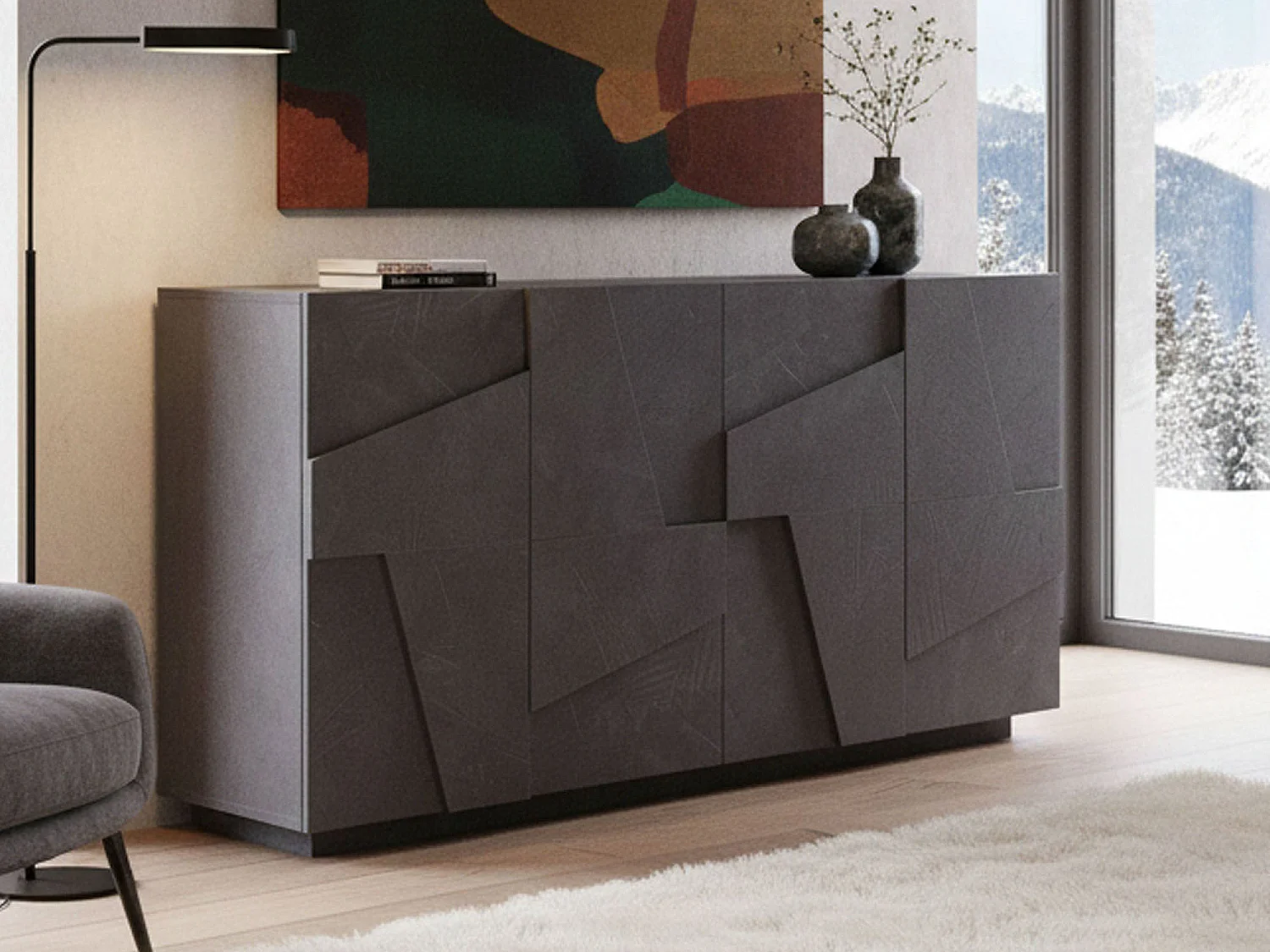 Buffet Noel, Buffet de cuisine 4 portes, Buffet de salon, 100% Made in Italy, 162x44h86 cm, Ardoise