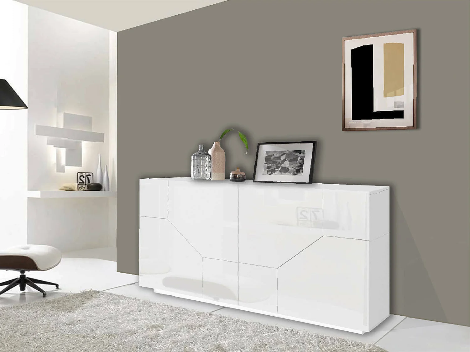 Kommode Stefano, 4-türiges Küchen-Sideboard, Wohnzimmer-Buffet, 100 % Made in Italy, 200 x 43 x 86 cm, glänzendes Weiß,
