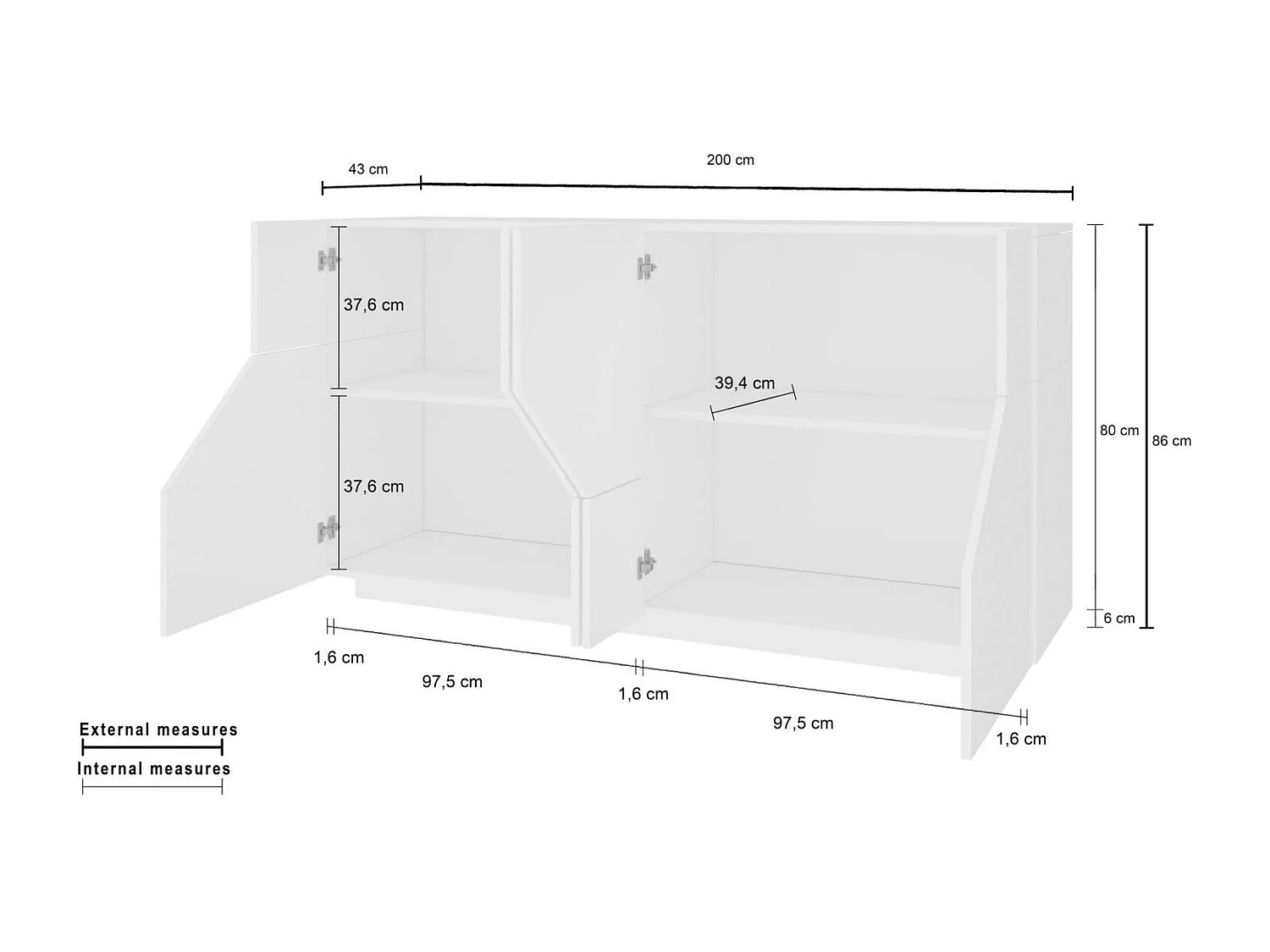 Kommode Stefano, 4-türiges Küchen-Sideboard, Wohnzimmer-Buffet, 100 % Made in Italy, 200 x 43 x 86 cm, glänzendes Weiß,
