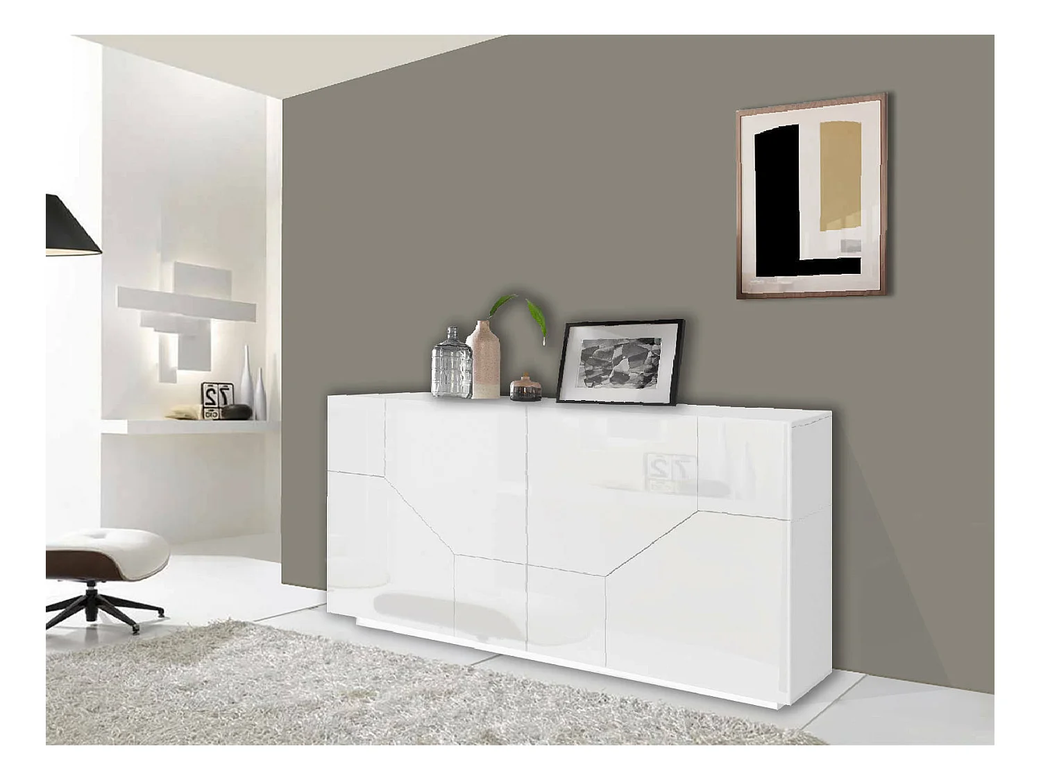 Stefano dressoir, 4-deurs keukendressoir, Woonkamerbuffet, 100% Made in Italy, 200x43h86 cm, Glanzend wit