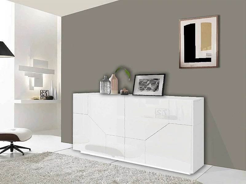 Buffet Stefano, Buffet de cuisine 4 portes, Buffet de salon, 100% Made in Italy, 200x43h86 cm, Blanc brillant