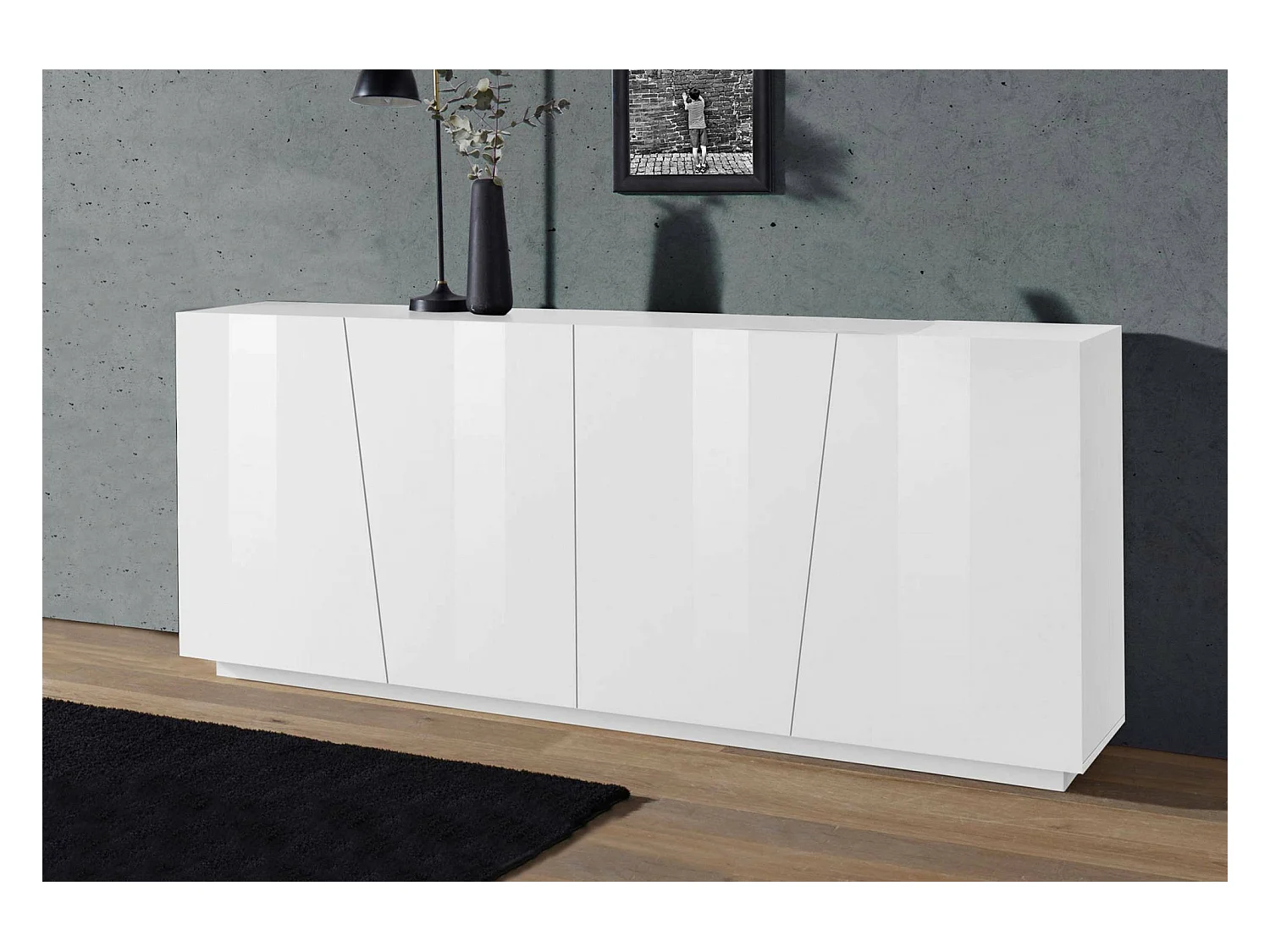 Oscar dressoir, 4-deurs keukendressoir, Woonkamerbuffet, 100% Made in Italy, 200x43h86 cm, Glanzend wit