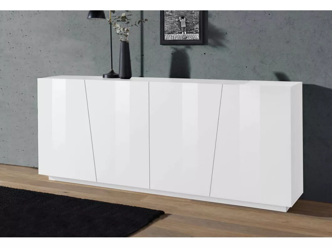 Kauf Unique Kommode Oscar, 4-türiges Küchen-Sideboard, Wohnzimmer-Buffet, 100 % Made in Italy, 200 x 43 x 86 cm, glänzendes Weiß,