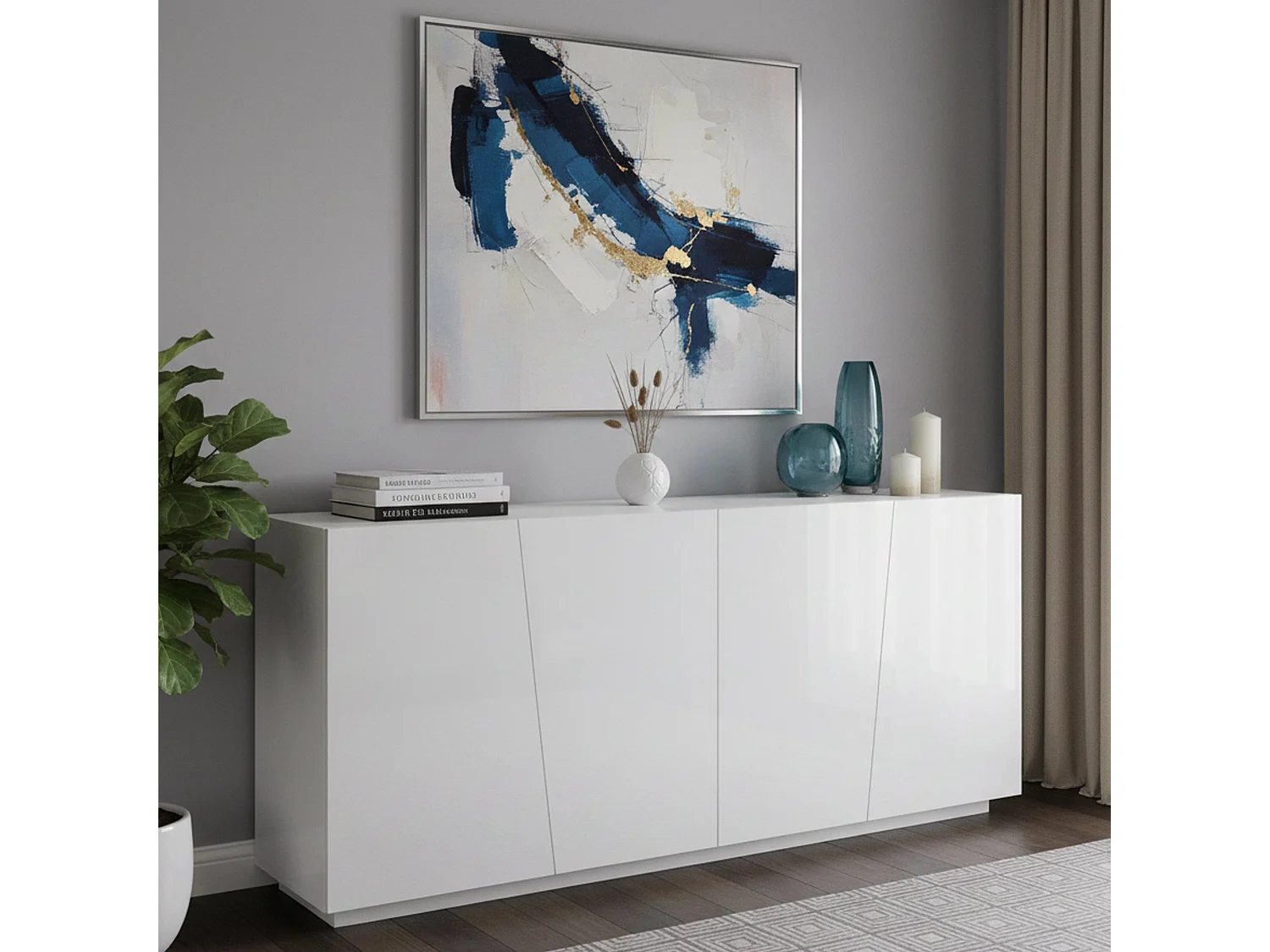 Buffet Oscar, Buffet de cuisine 4 portes, Buffet de salon, 100% Made in Italy, 200x43h86 cm, Blanc brillant
