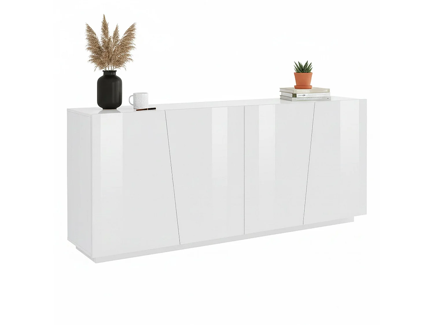 Dmora Dressoir Oscar 43x200x86h cm Glanzend Wit, 2 Planken 4 Compartimenten, Dressoir 4 Deuren Made in Italy