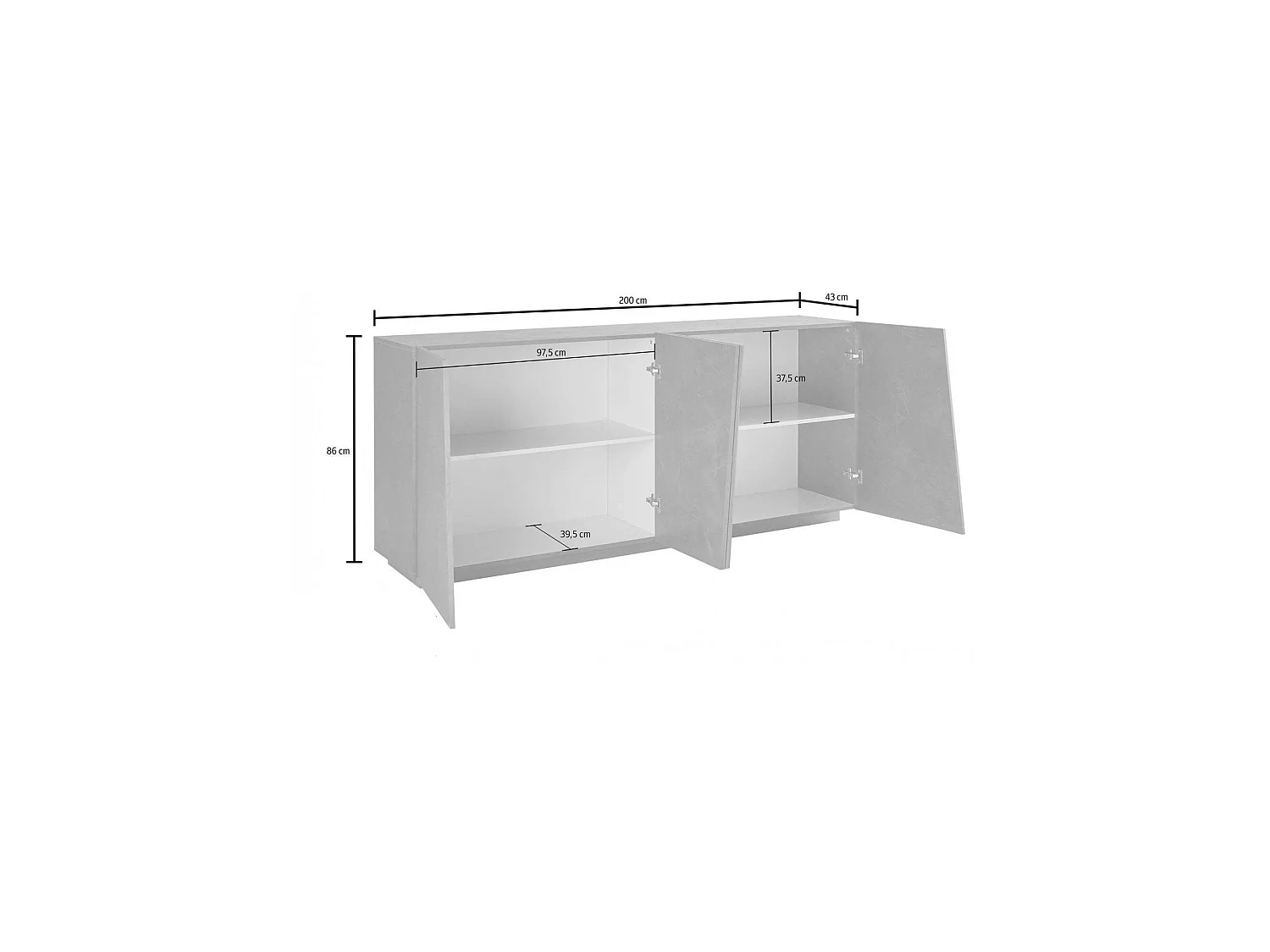 Dmora Dressoir Oscar 43x200x86h cm Glanzend Wit, 2 Planken 4 Compartimenten, Dressoir 4 Deuren Made in Italy