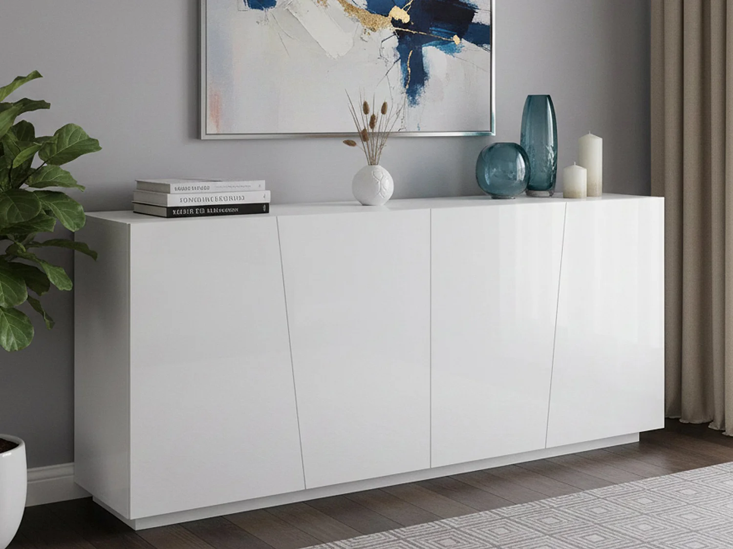 Dmora Dressoir Oscar 43x200x86h cm Glanzend Wit, 2 Planken 4 Compartimenten, Dressoir 4 Deuren Made in Italy