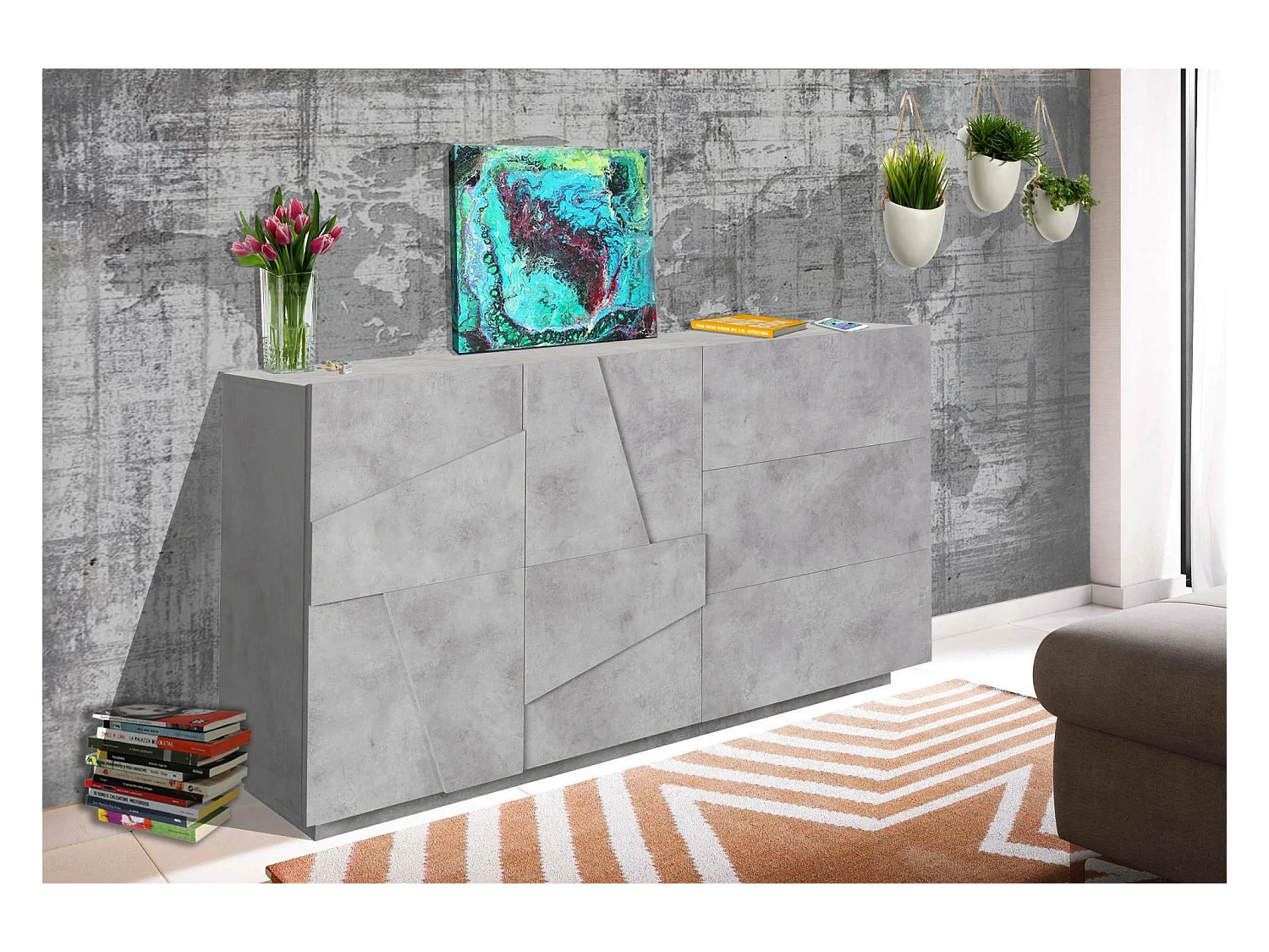 Buffet Noè, Buffet de cuisine avec 2 portes et 3 tiroirs, Buffet de salon, 100% Made in Italy, 143x44h86 cm, Ciment