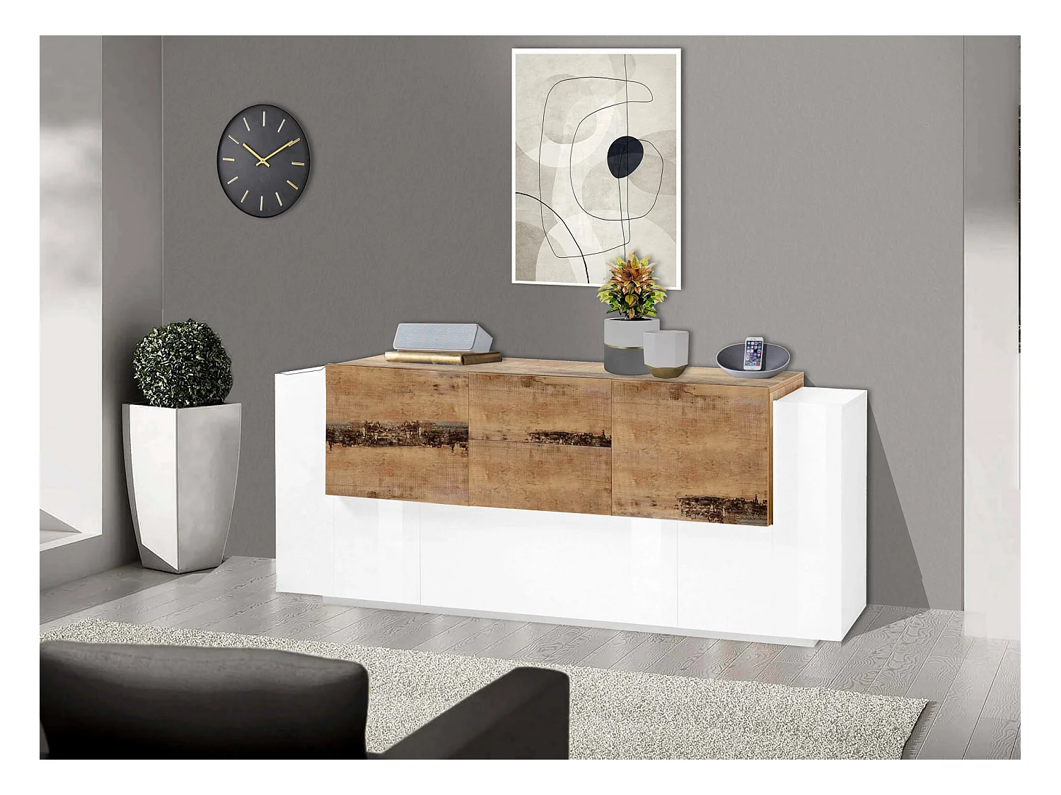 Cesare dressoir, Keukendressoir met 5 deuren en 2 laden, Woonkamerbuffet, Keukendressoir, 100% Made in Italy, 220x45h86 cm, Glanzend wit en Esdoorn