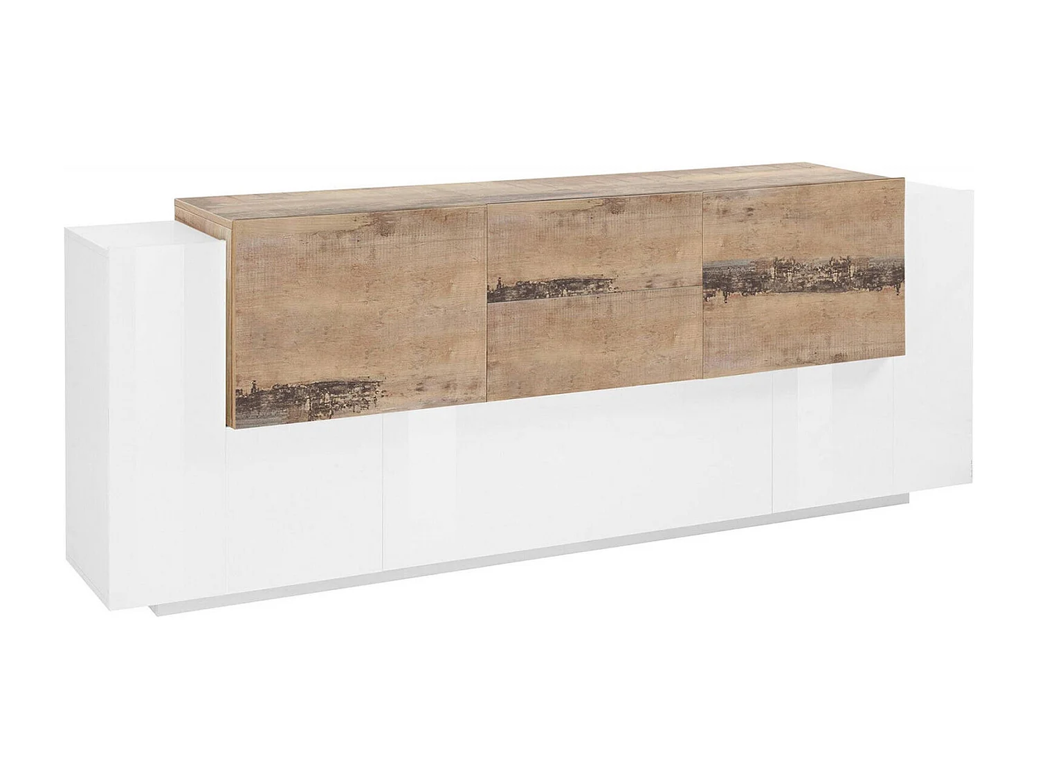 Cesare dressoir, Keukendressoir met 5 deuren en 2 laden, Woonkamerbuffet, Keukendressoir, 100% Made in Italy, 220x45h86 cm, Glanzend wit en Esdoorn