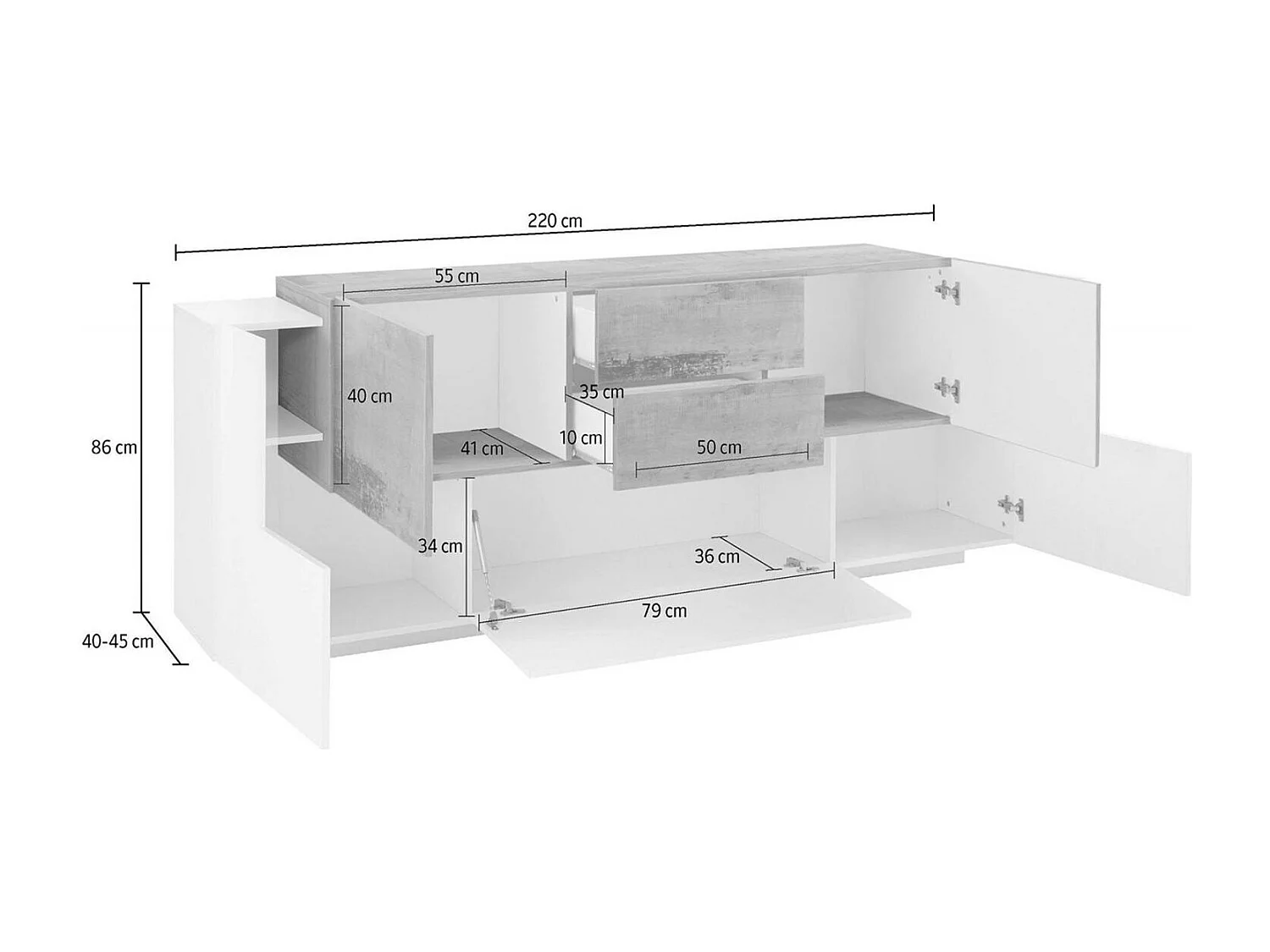 Cesare dressoir, Keukendressoir met 5 deuren en 2 laden, Woonkamerbuffet, Keukendressoir, 100% Made in Italy, 220x45h86 cm, Glanzend wit en Esdoorn