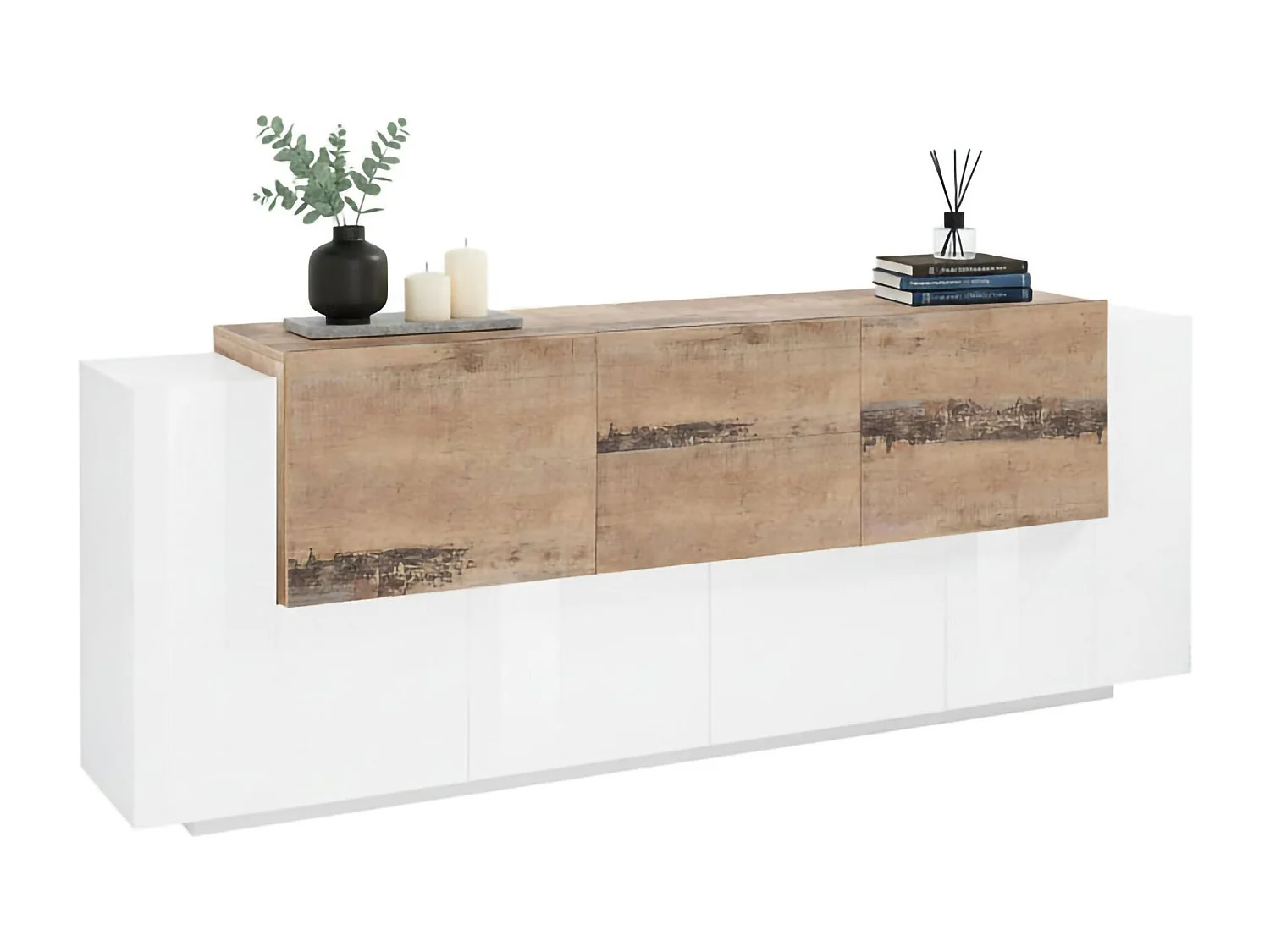 Buffet Cesare, Buffet de cuisine avec 5 portes et 2 tiroirs, Buffet de salon, Buffet de cuisine, 100% Made in Italy, 220x45h86 cm, Blanc brillant et érable