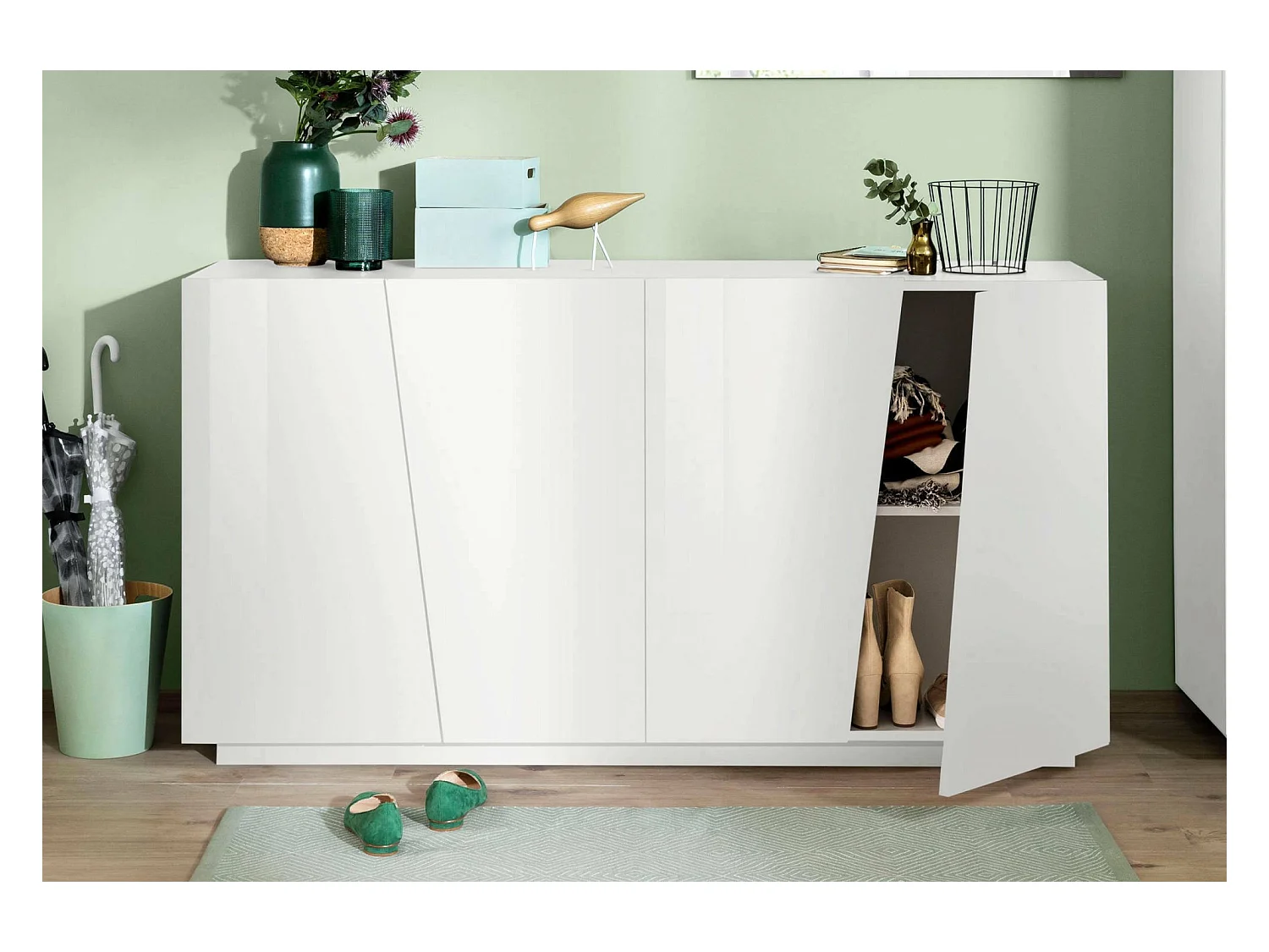 Owen dressoir, 4-deurs keukendressoir, Woonkamerbuffet, 100% Made in Italy, 159x43h86 cm, Glanzend wit