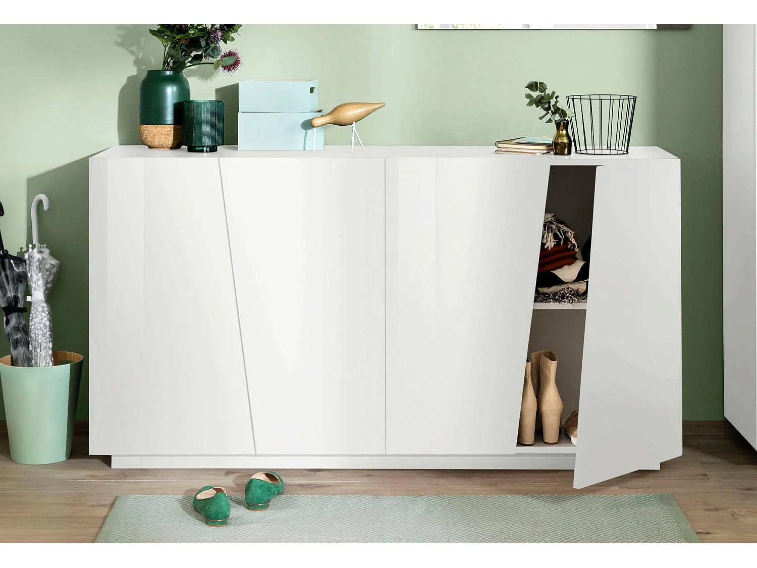 Credenza Owen, Madia da cucina a 4 ante, Buffet da soggiorno, 100% Made in Italy, cm 159x43h86, Bianco lucido