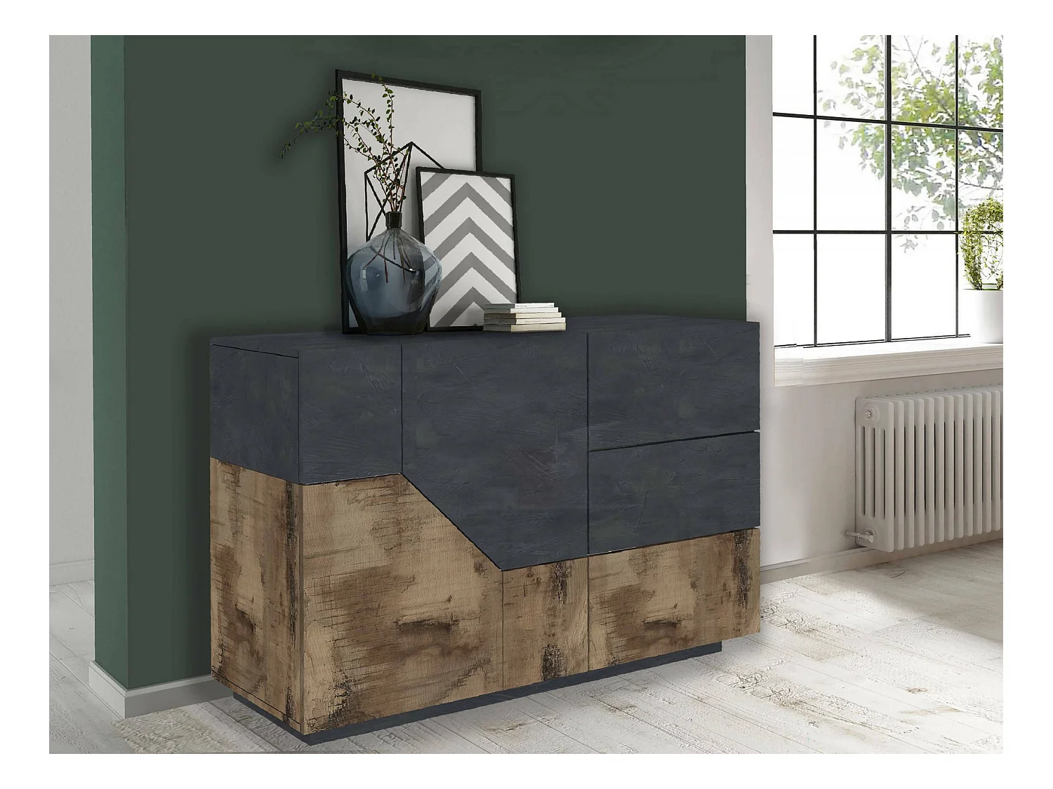 Ludovico dressoir, Keukendressoir met 2 deuren en 3 laden, Woonkamerbuffet, 100% Made in Italy, 141x43h86 cm, Leisteen en esdoorn