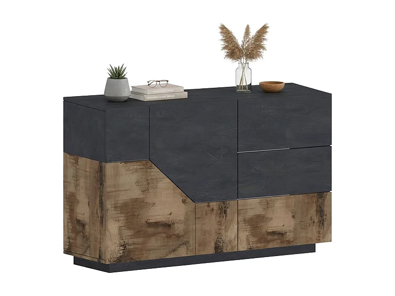 Buffet Ludovico, Buffet de cuisine avec 2 portes et 3 tiroirs, Buffet de salon, 100% Made in Italy, 141x43h86 cm, Ardoise et Érable