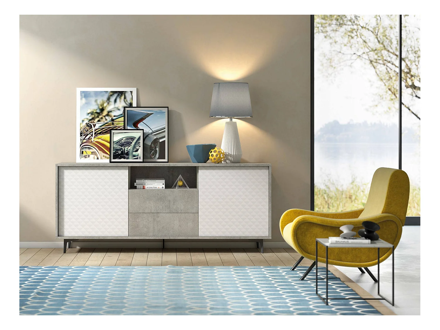 Garofano Aparador, Mueble Buffet con 2 puertas y 2 cajones, Elegante aparador de salón, mueble para TV, 100% Made in Italy, 184x45h77 cm, Blanco y Cemento