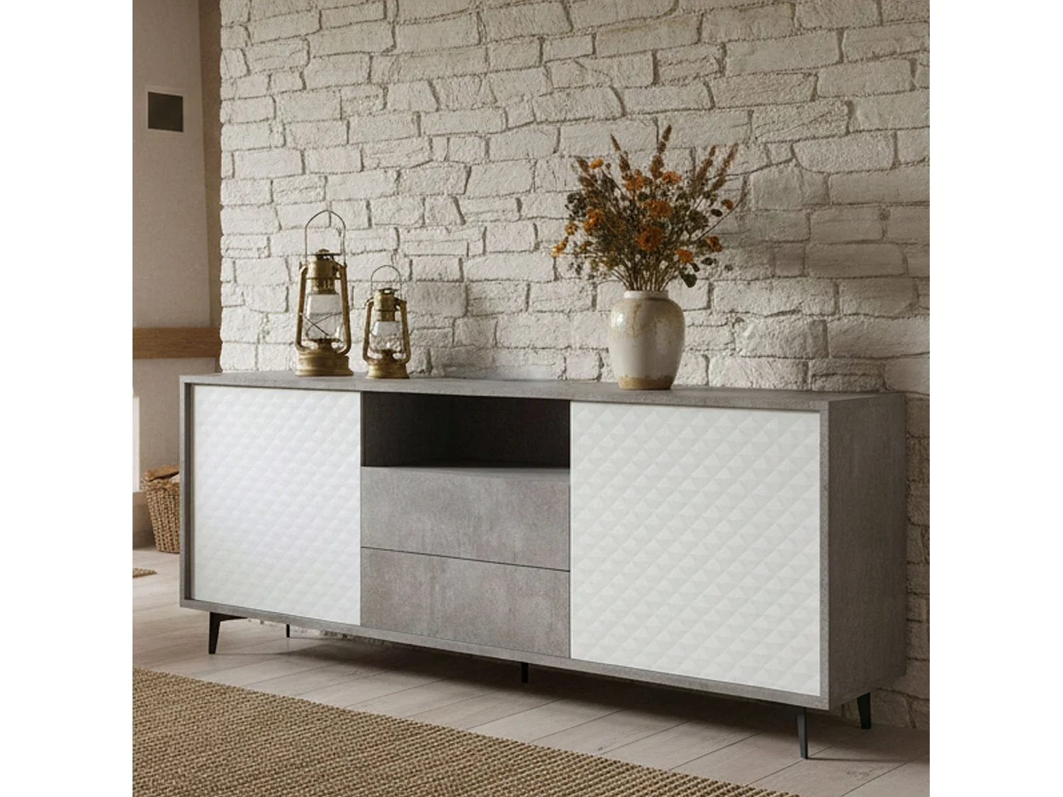 Buffet Garofano, Buffet avec 2 portes et 2 tiroirs, Buffet de salon élégant, Meuble TV, 100% Made in Italy, 184x45h77 cm, Blanc et Ciment
