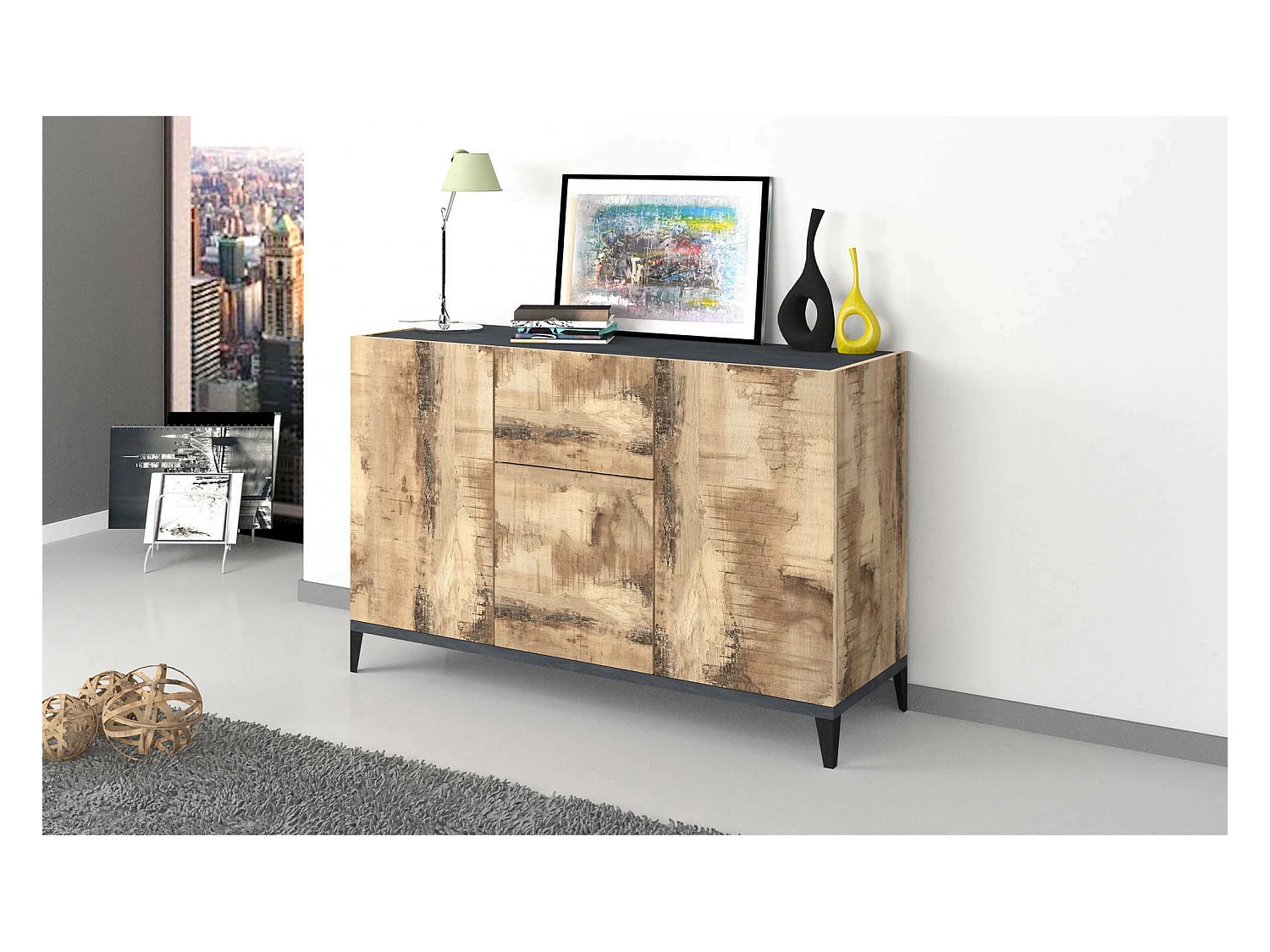 Kommode Giorgio, Küchen-Sideboard mit 3 Türen und 1 Schublade, Wohnzimmer-Buffet, Küchen-Sideboard, 100 % Made in Italy, 120 x 40 x 82 cm, Schiefer und Ahorn